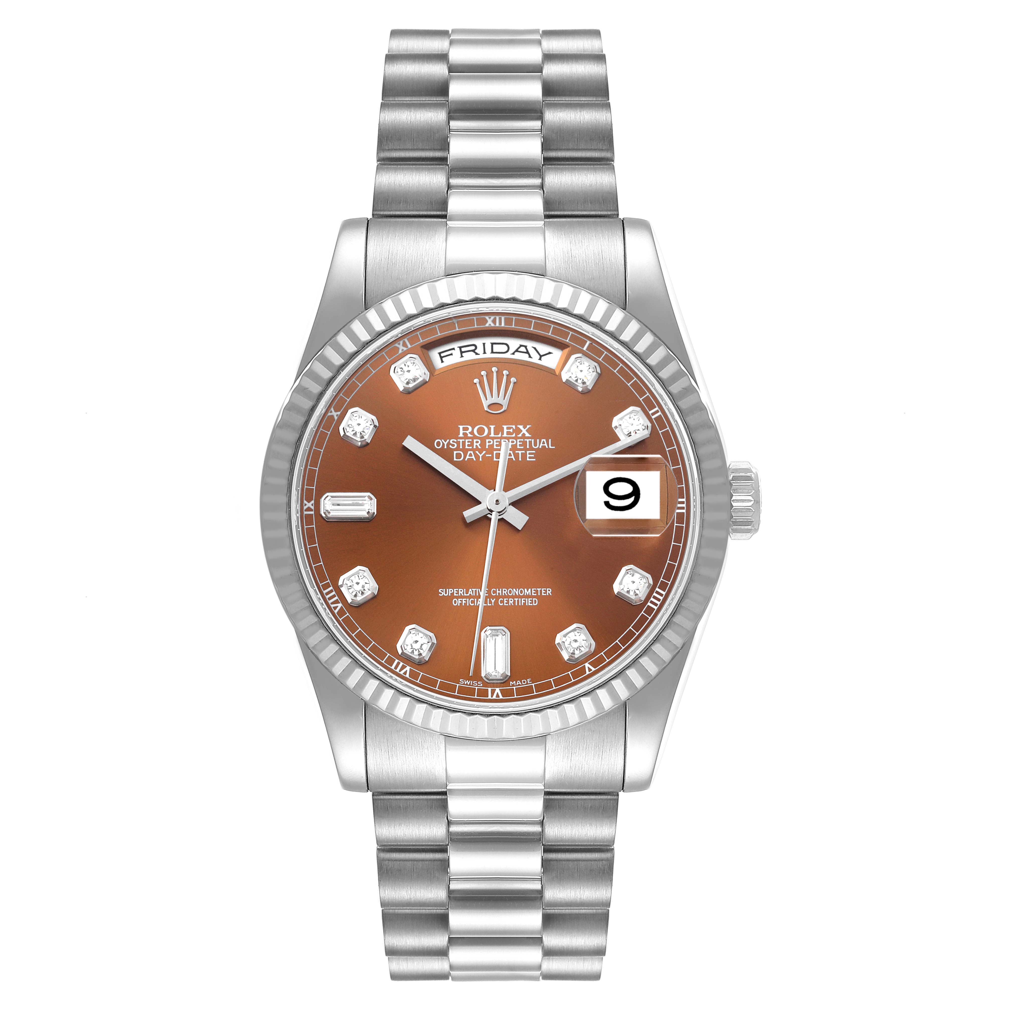 The image shows a front view of the Rolex Day-Date President model watch, highlighting its brown dial, diamond markers, and metal bracelet.