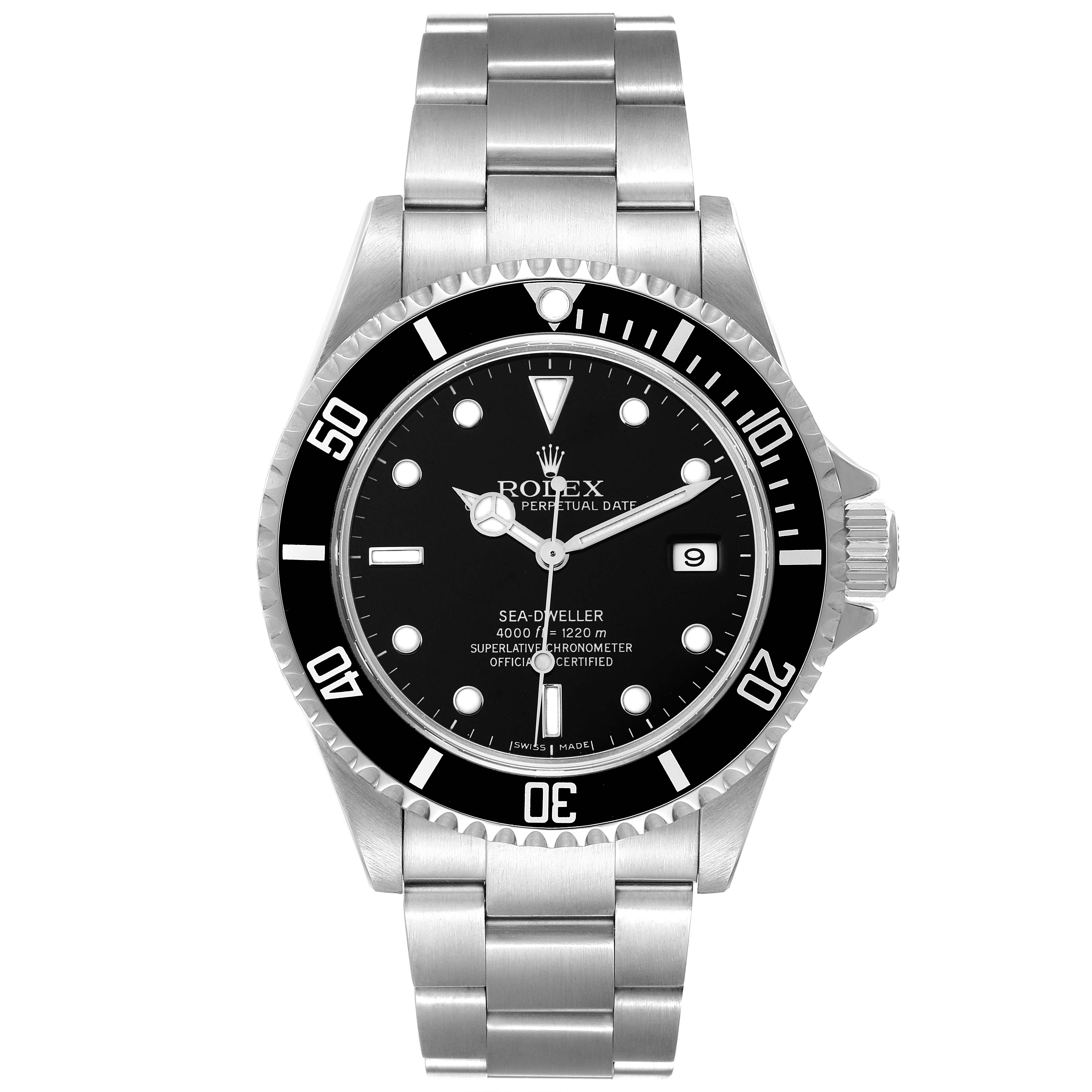 The image shows a front view of a Rolex Sea-Dweller 16600T Men's Stainless Steel Black Dial 16600T Men's Stainless Steel Black Dial watch, highlighting its dial, bezel, and bracelet.