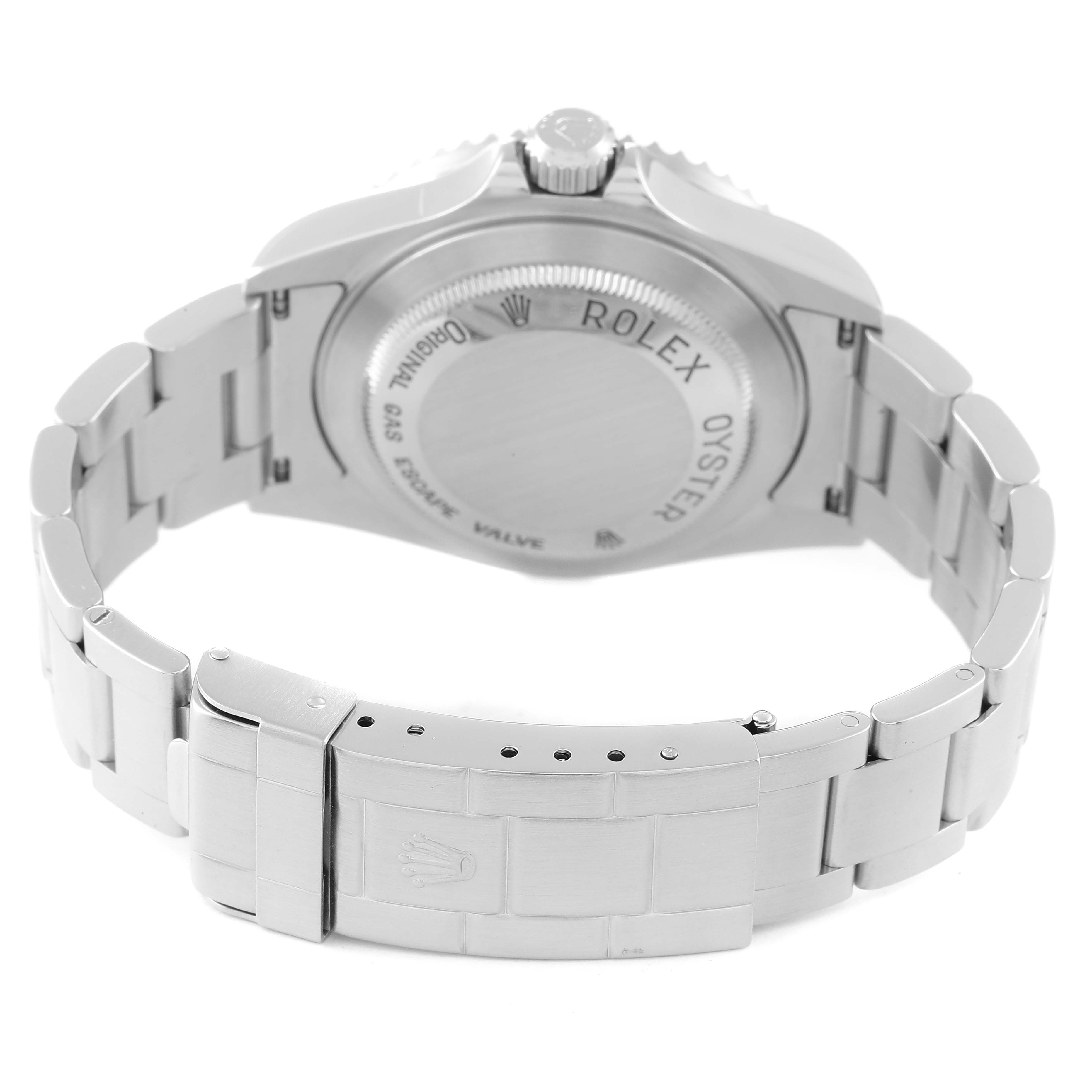 The image shows the back view of the Rolex Sea-Dweller 16600T Men's Stainless Steel Black Dial 16600T Men's Stainless Steel Black Dial watch, highlighting the case back and the Oyster bracelet clasp.