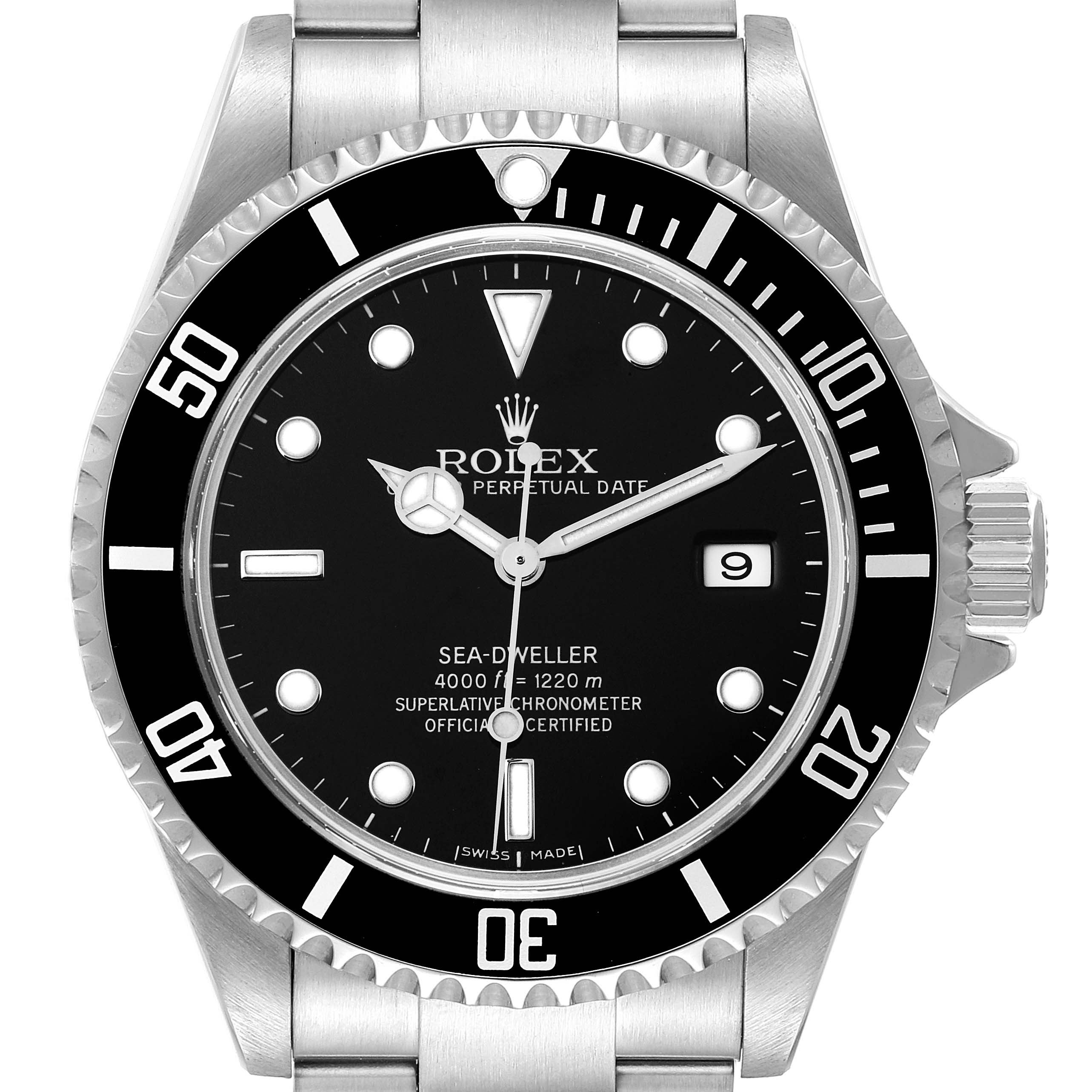 The image shows a frontal view of a Rolex Sea-Dweller 16600T Men's Stainless Steel Black Dial 16600T Men's Stainless Steel Black Dial watch, highlighting the dial, bezel, and part of the metal bracelet.