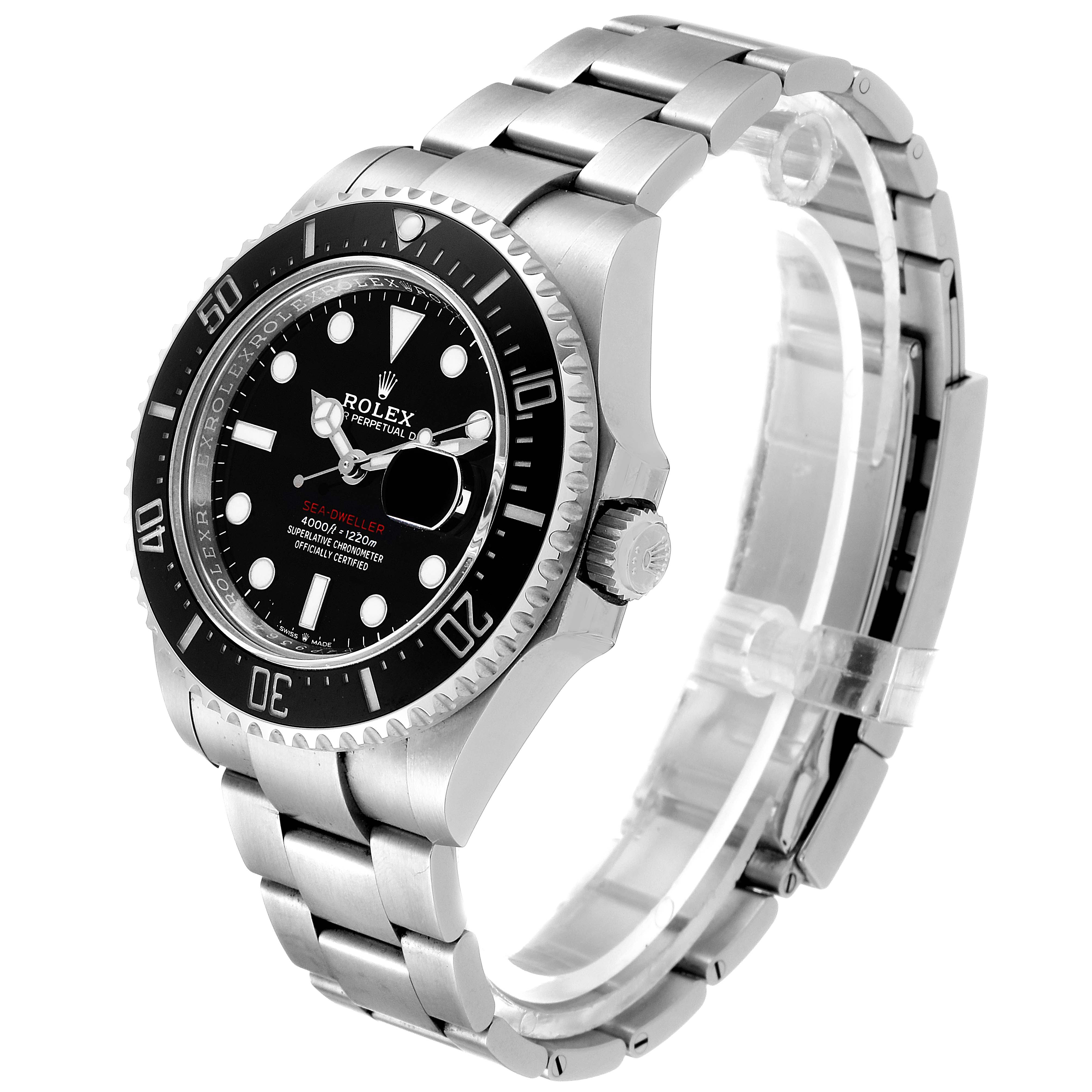 This image shows a side angle of a Rolex Sea-Dweller 126600 Men's Stainless Steel Black Dial 126600 Men's Stainless Steel Black Dial watch, highlighting the face, bezel, and bracelet.