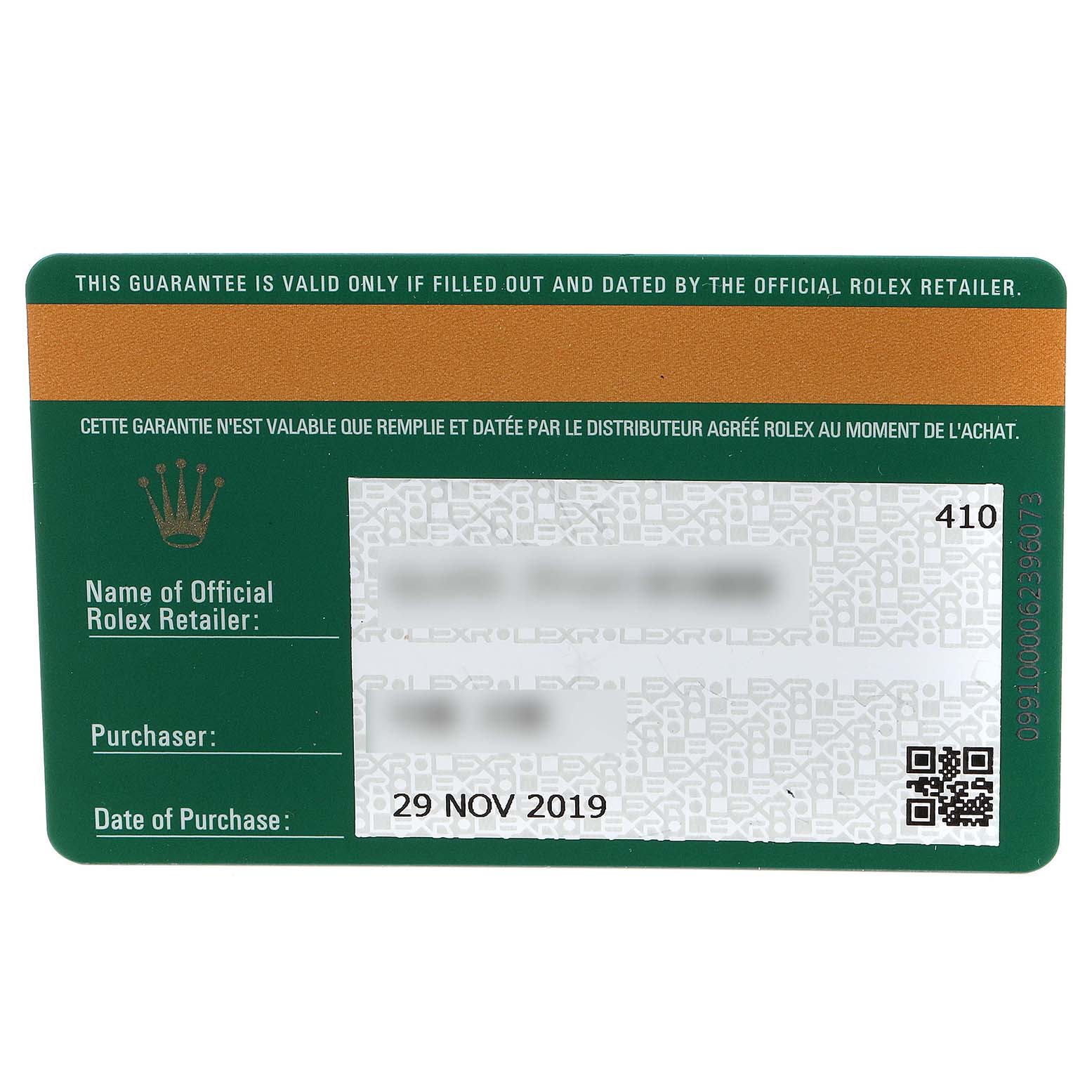 The image shows a warranty card for the Rolex Sea-Dweller 126600 Men's Stainless Steel Black Dial 126600 Men's Stainless Steel Black Dial watch, featuring fields for retailer name, purchaser, and date of purchase.