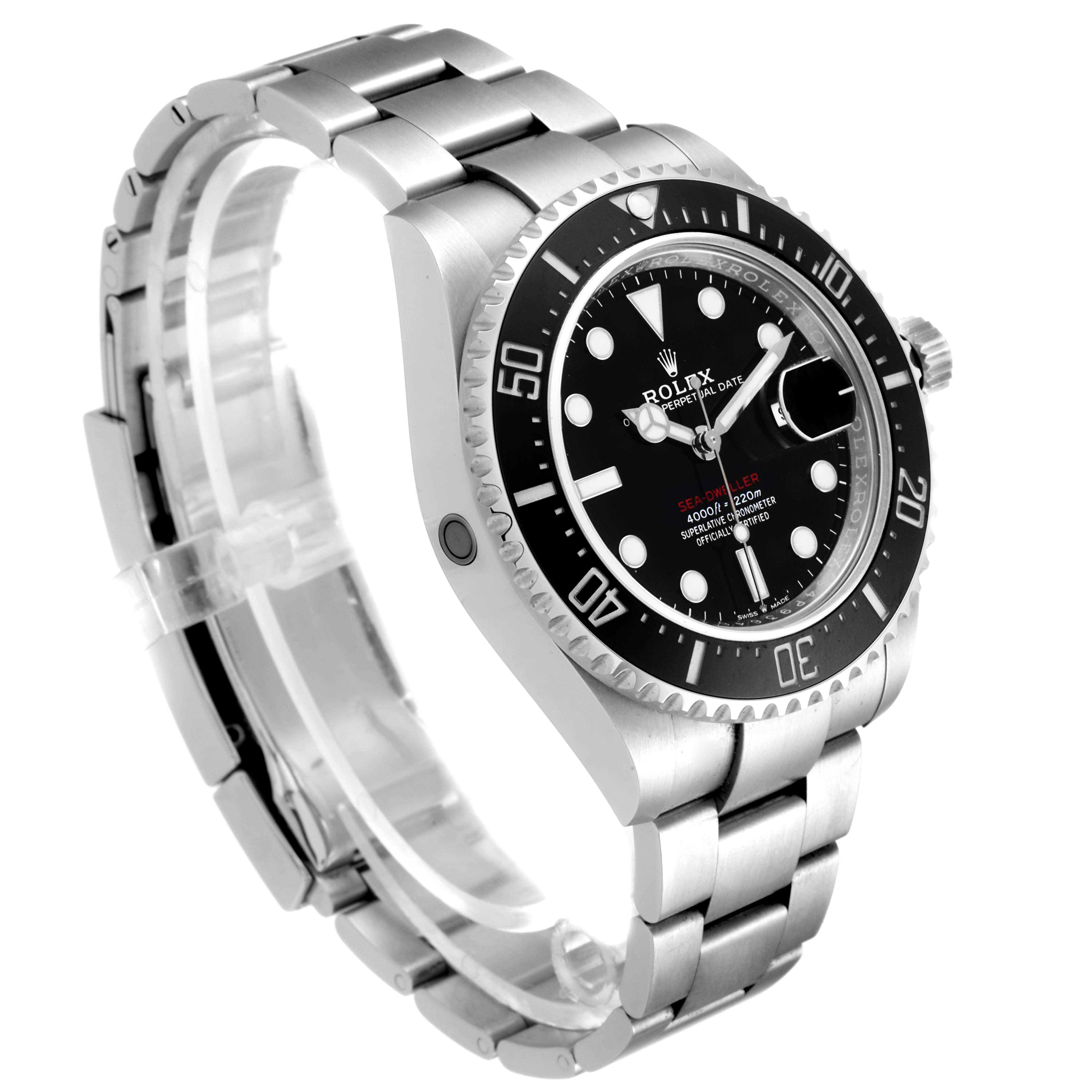 The image shows a Rolex Sea-Dweller 126600 Men's Stainless Steel Black Dial 126600 Men's Stainless Steel Black Dial watch at a three-quarter angle highlighting the bezel, dial, crown, and metal bracelet.