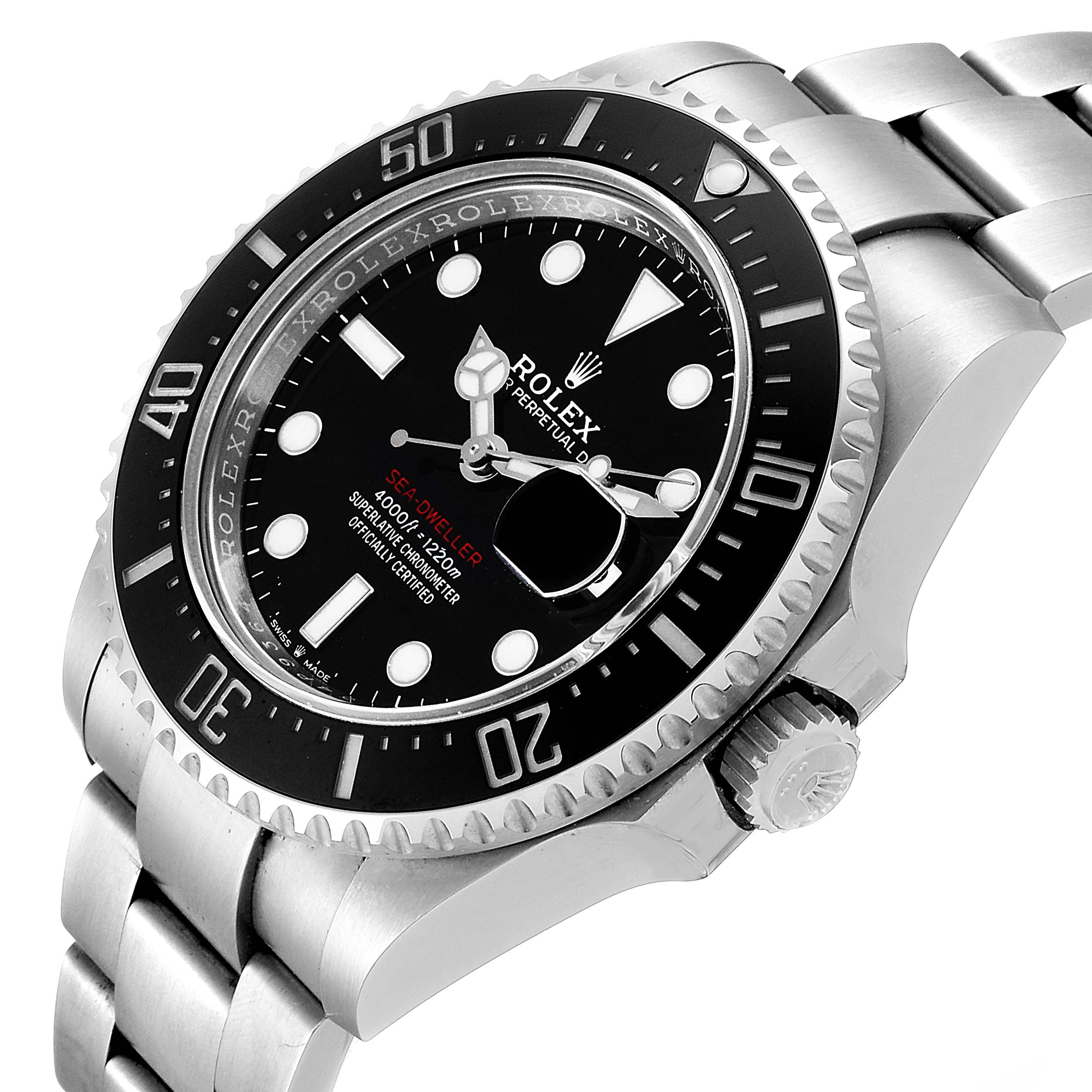 The image shows a Rolex Sea-Dweller 126600 Men's Stainless Steel Black Dial 126600 Men's Stainless Steel Black Dial watch at an angle highlighting the dial, bezel, crown, and part of the bracelet.