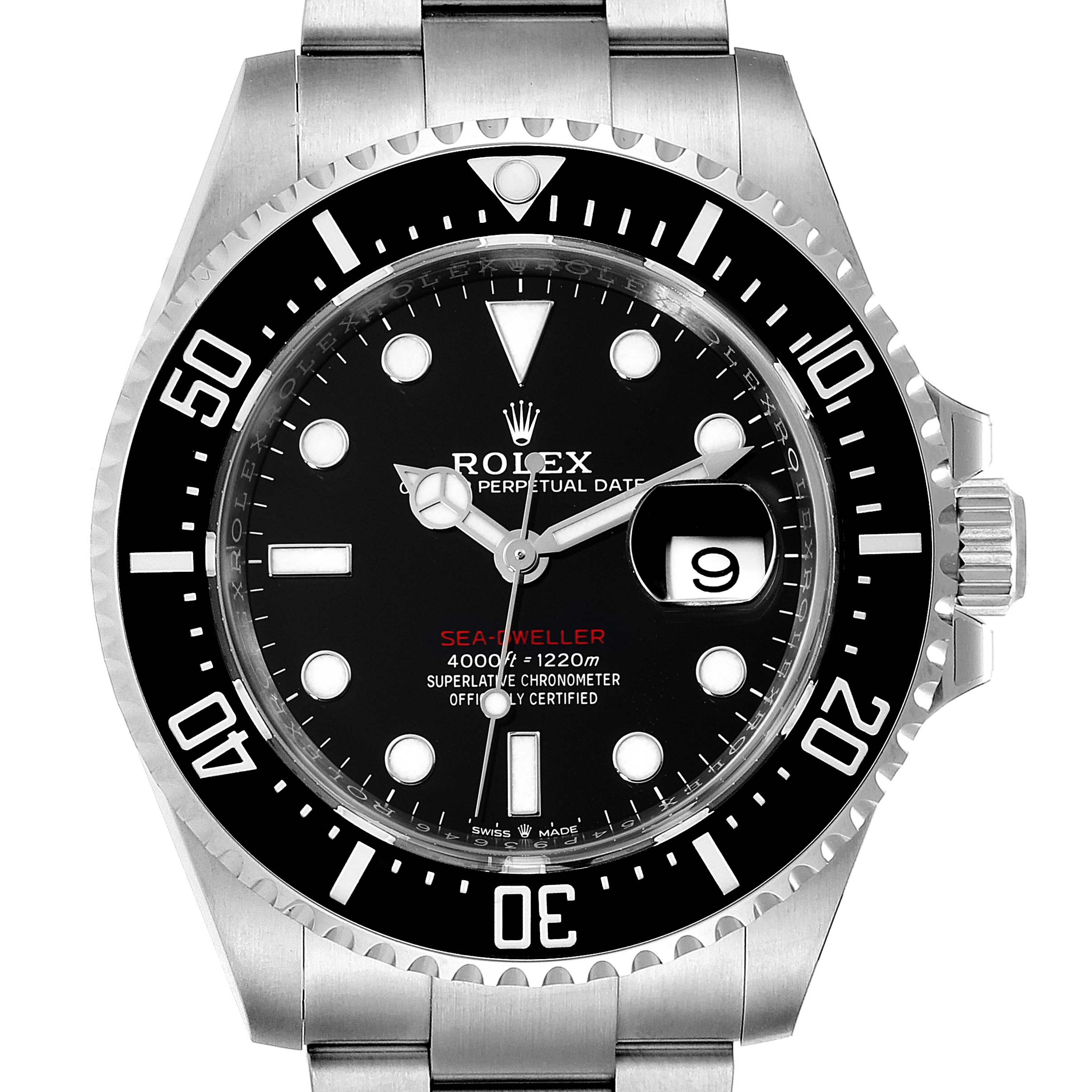 The image shows a front view of the Rolex Sea-Dweller 126600 Men's Stainless Steel Black Dial 126600 Men's Stainless Steel Black Dial watch, displaying its dial, bezel, and part of the bracelet.