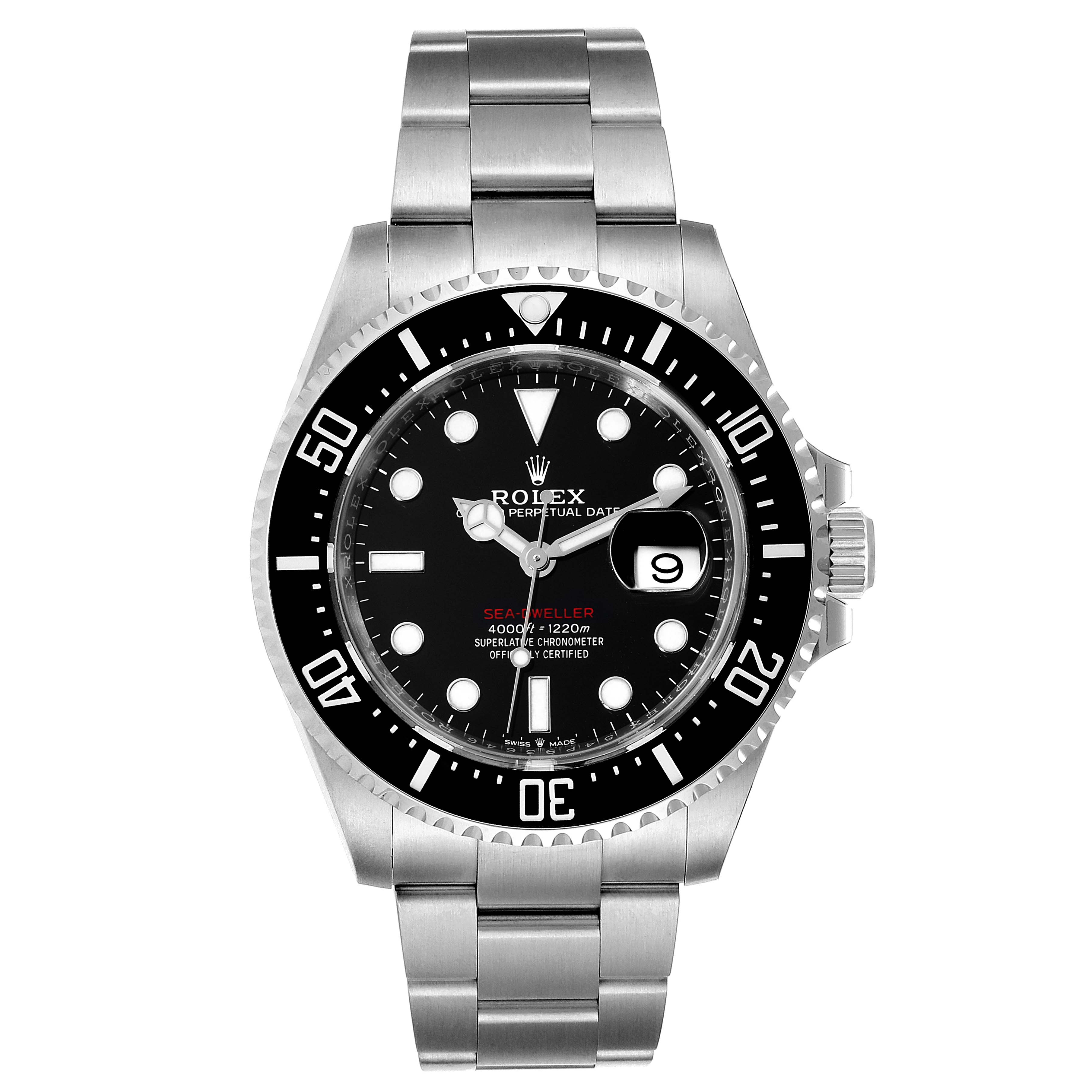 The image shows a front view of the Rolex Sea-Dweller 126600 Men's Stainless Steel Black Dial 126600 Men's Stainless Steel Black Dial watch, featuring its black dial, bezel, and metal bracelet.