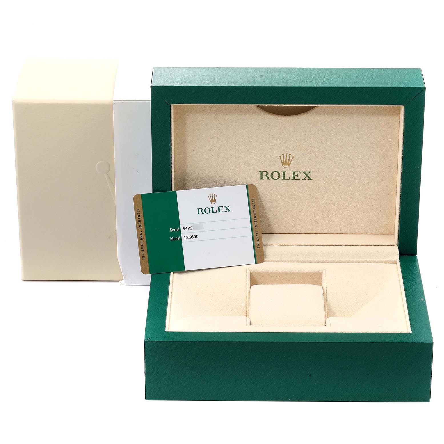 The image shows a Rolex Sea-Dweller 126600 Men's Stainless Steel Black Dial 126600 Men's Stainless Steel Black Dial watch box, an outer cover, and a warranty card.