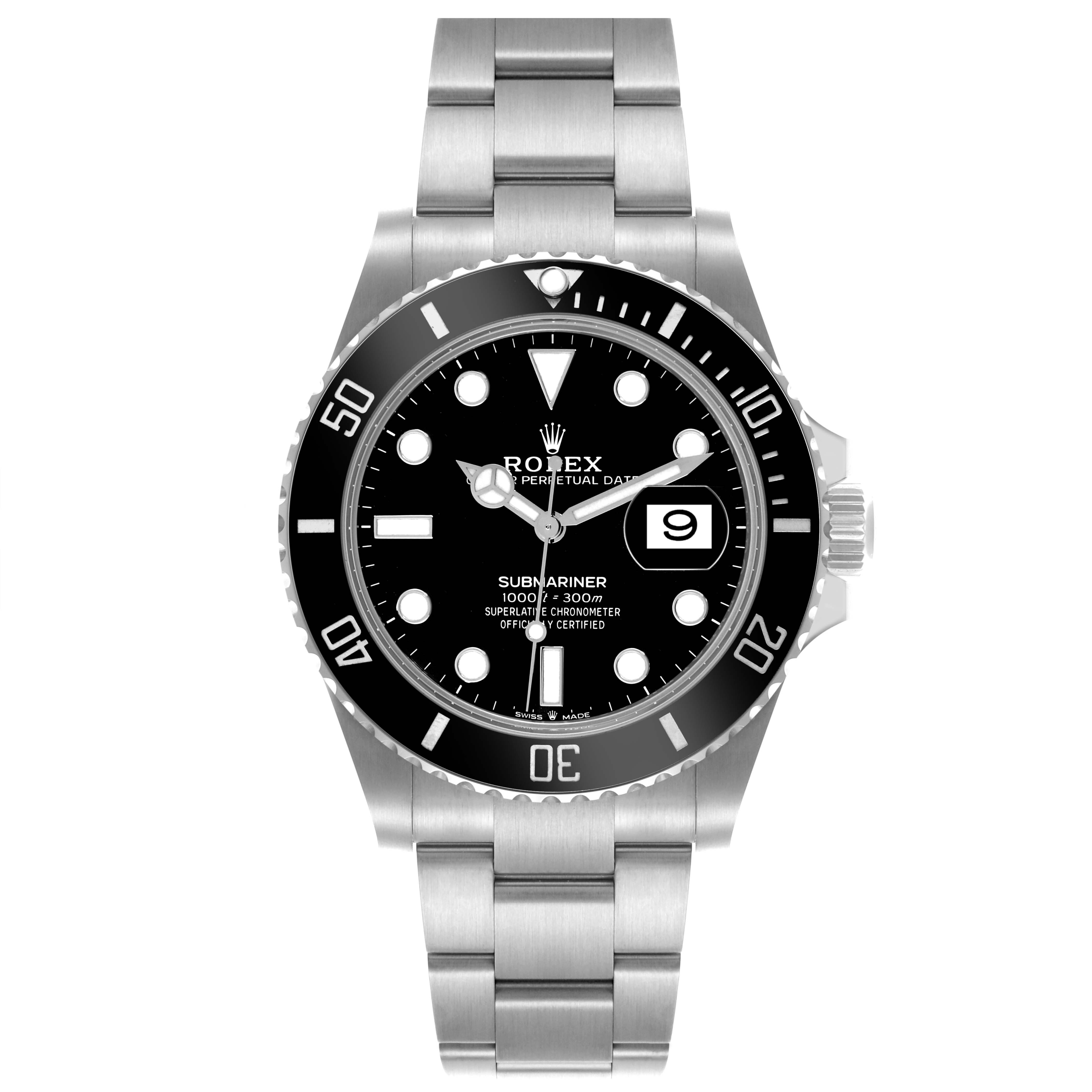 The image shows a front view of the Rolex Submariner 126610 Men
s Stainless Steel Black Dial 126610 Men
s Stainless Steel Black Dial watch, displaying its dial, bezel, and bracelet.