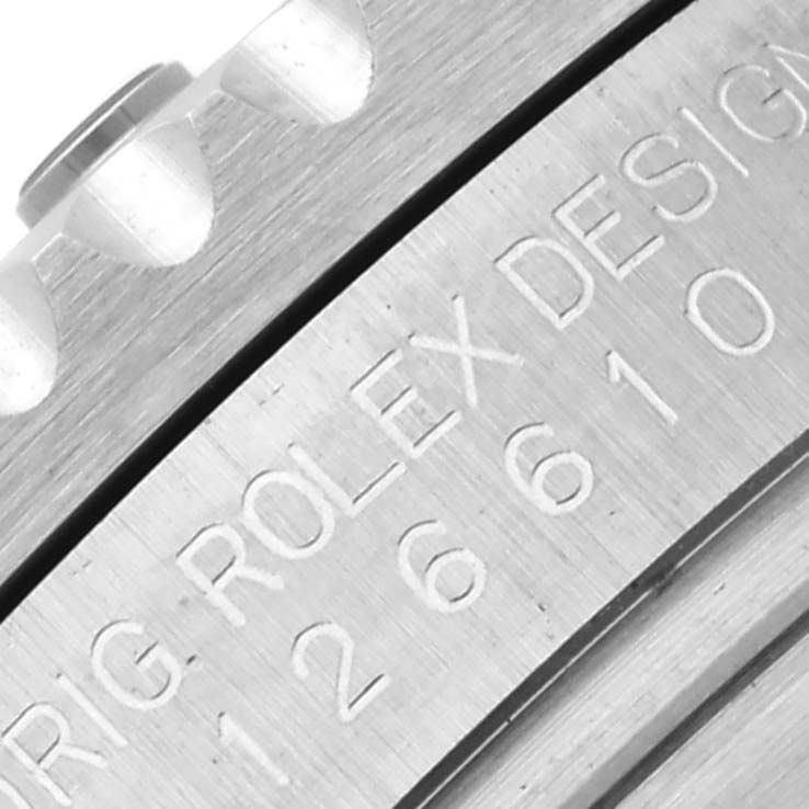 The image shows a detailed view of the side of the bezel and engraved case of the Rolex Submariner 126610 Men
s Stainless Steel Black Dial 126610 Men
s Stainless Steel Black Dial watch.