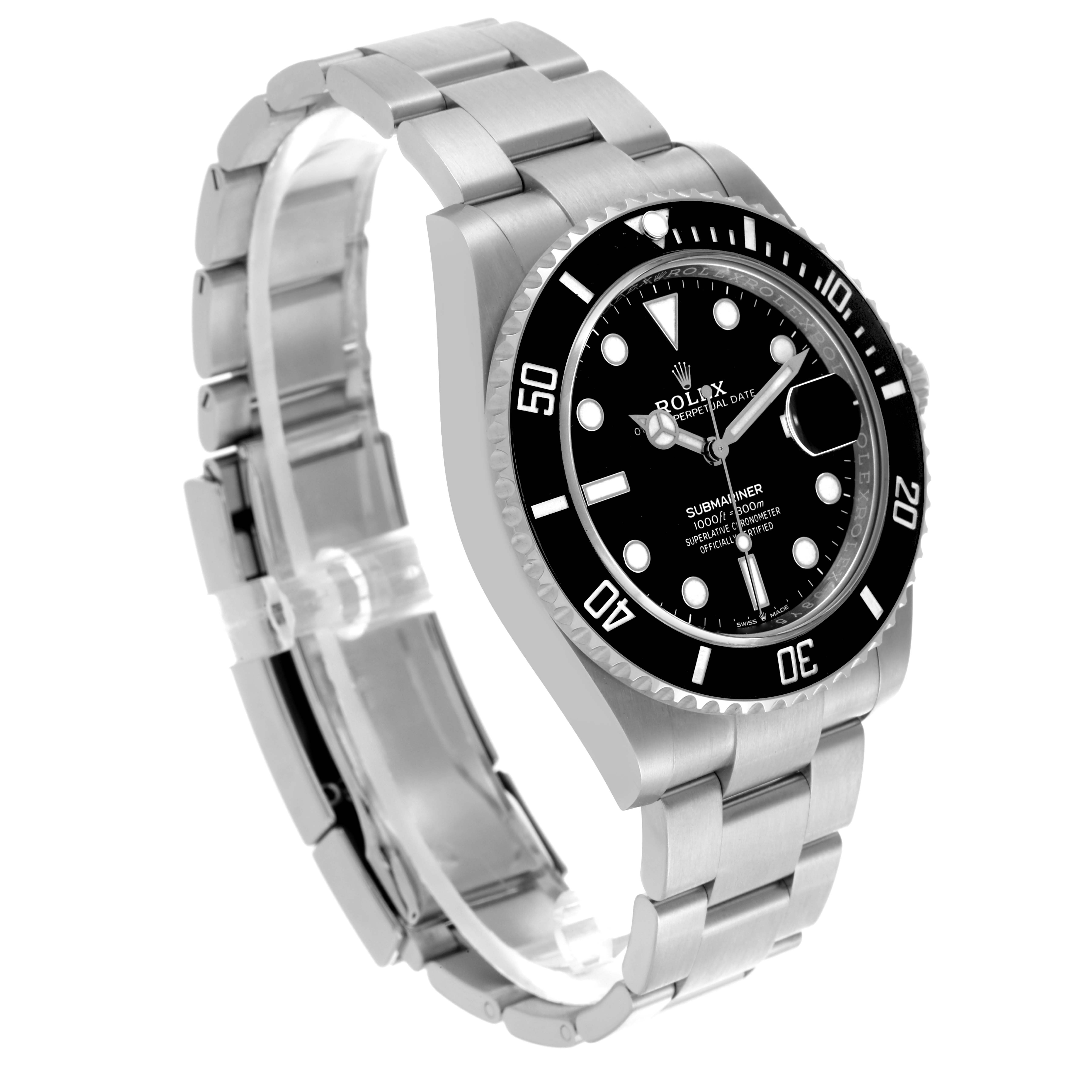 The Rolex Submariner 126610 Men
s Stainless Steel Black Dial 126610 Men
s Stainless Steel Black Dial watch is shown at an angled side view, displaying the bezel, dial, and bracelet.