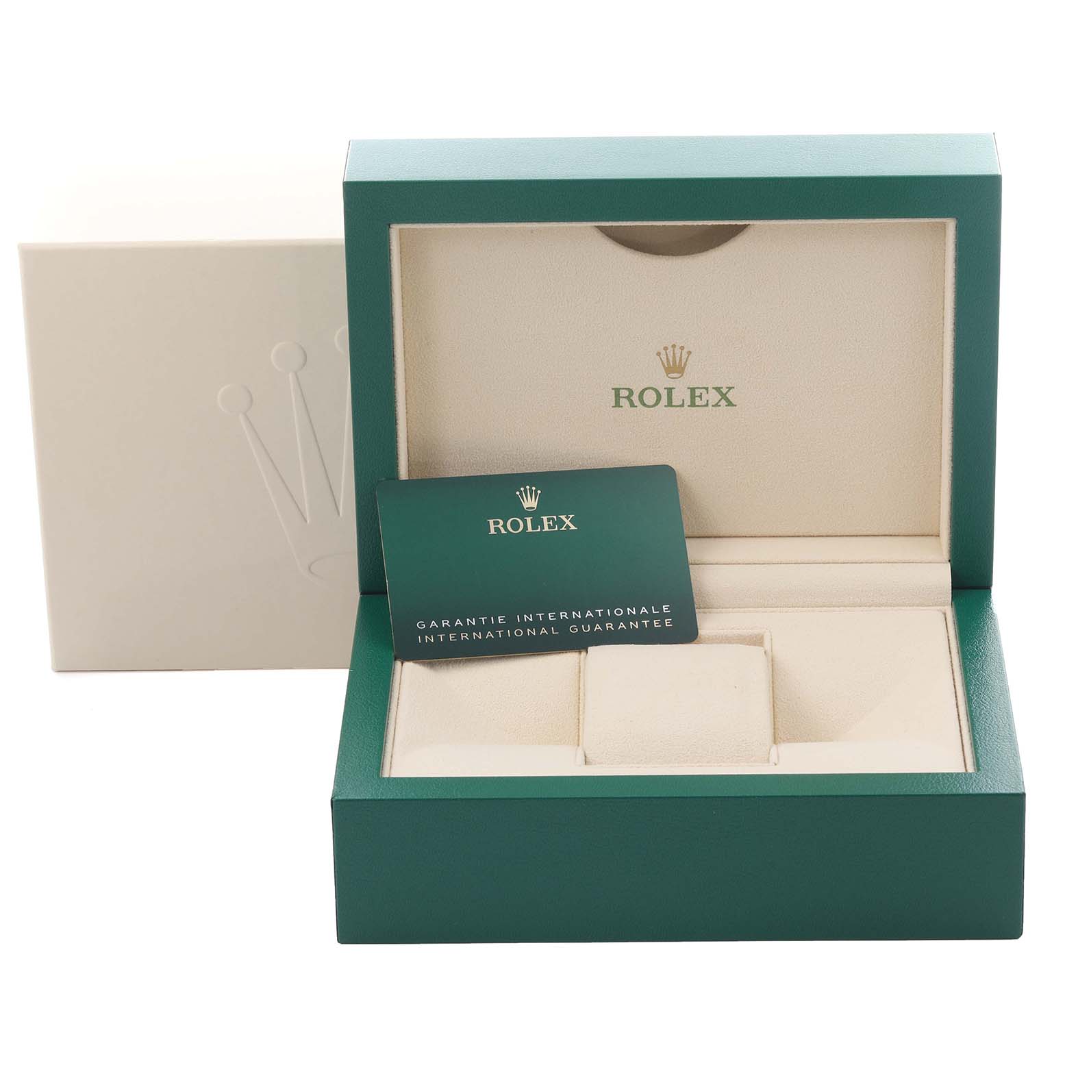 The image shows a Rolex Submariner 126610 Men
s Stainless Steel Black Dial 126610 Men
s Stainless Steel Black Dial box and international guarantee card from a front angle.