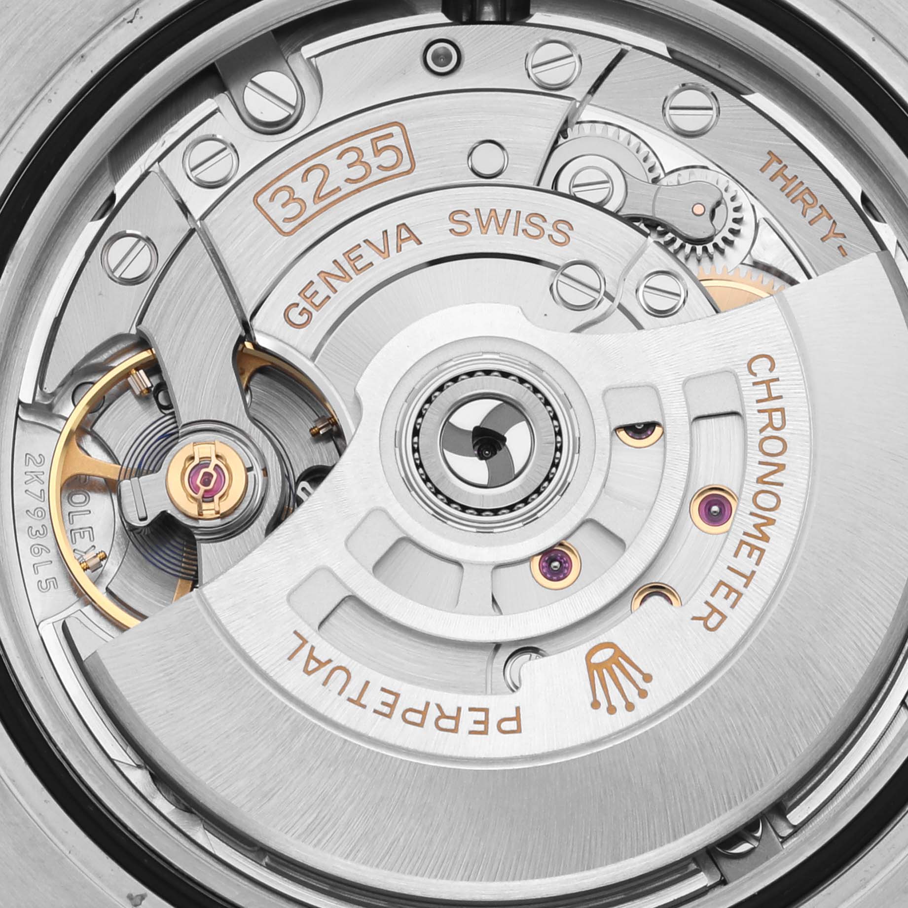 The image shows the intricate movement mechanism of a Rolex Submariner 126610 Men
s Stainless Steel Black Dial 126610 Men
s Stainless Steel Black Dial, focusing on the rotor and gears.