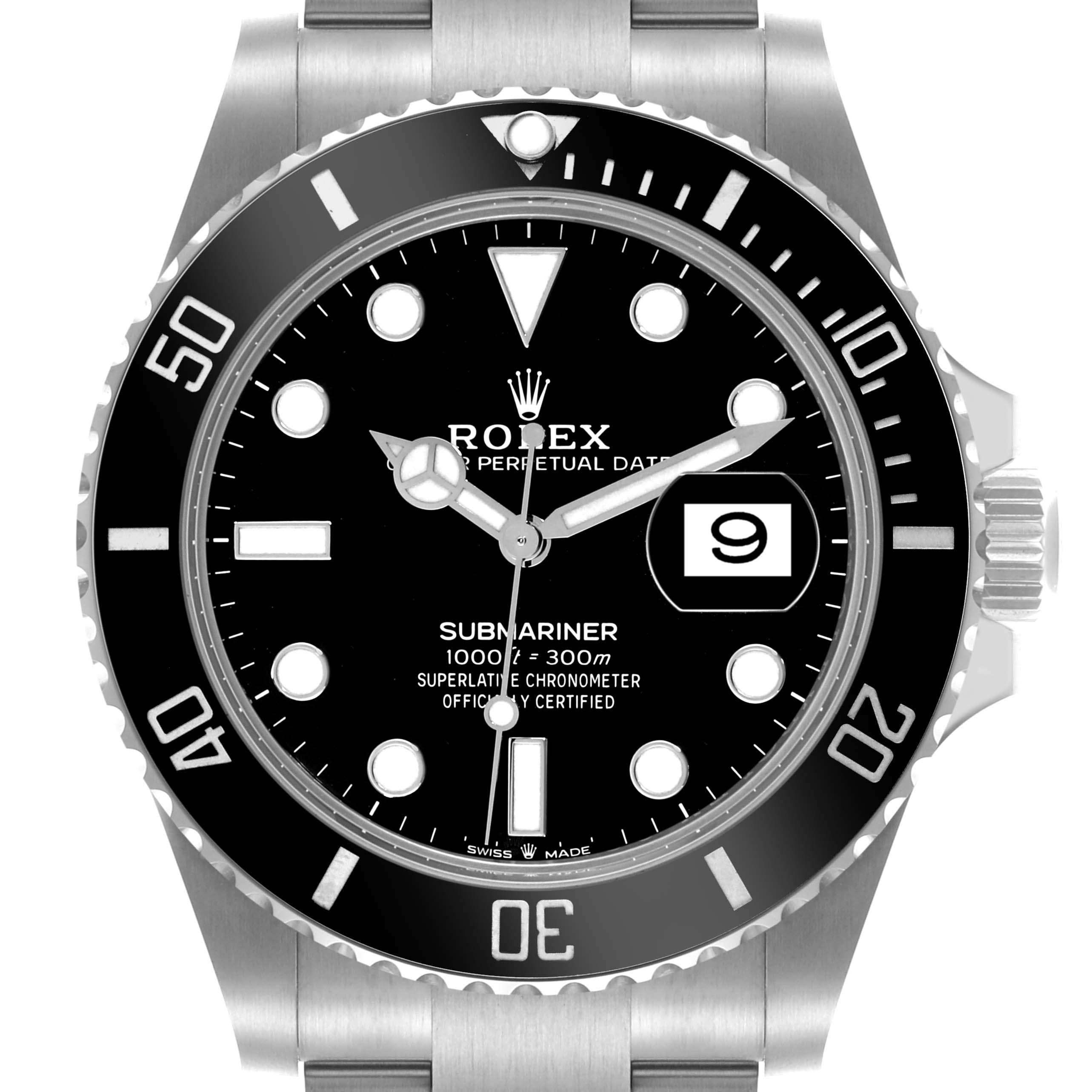 The Rolex Submariner 126610 Men
s Stainless Steel Black Dial 126610 Men
s Stainless Steel Black Dial watch is shown from the front, displaying its face, bezel, and part of the bracelet.