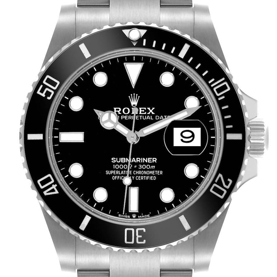 The Rolex Submariner watch is shown from the front, displaying its face, bezel, and part of the bracelet.