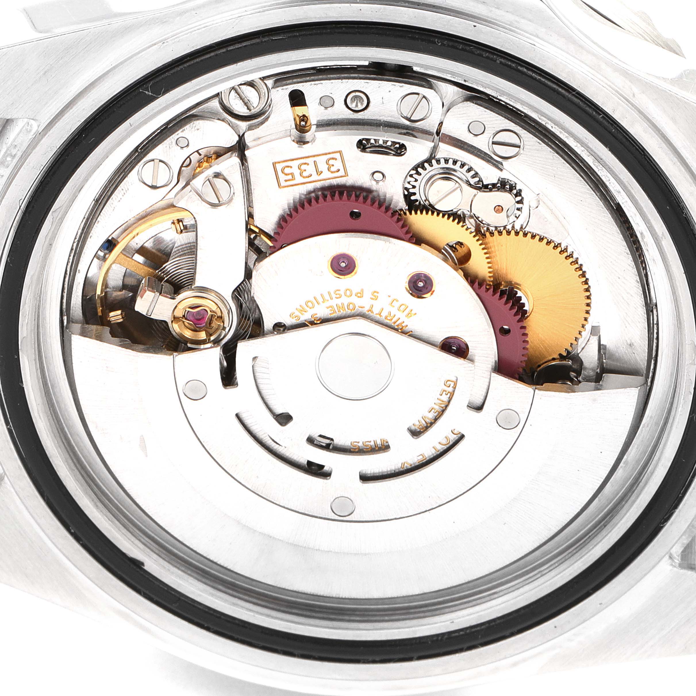 This image shows the intricate inner movement and mechanisms of a Rolex Submariner 16610 Men's Stainless Steel Black Dial 16610 Men's Stainless Steel Black Dial watch from a rear angle.