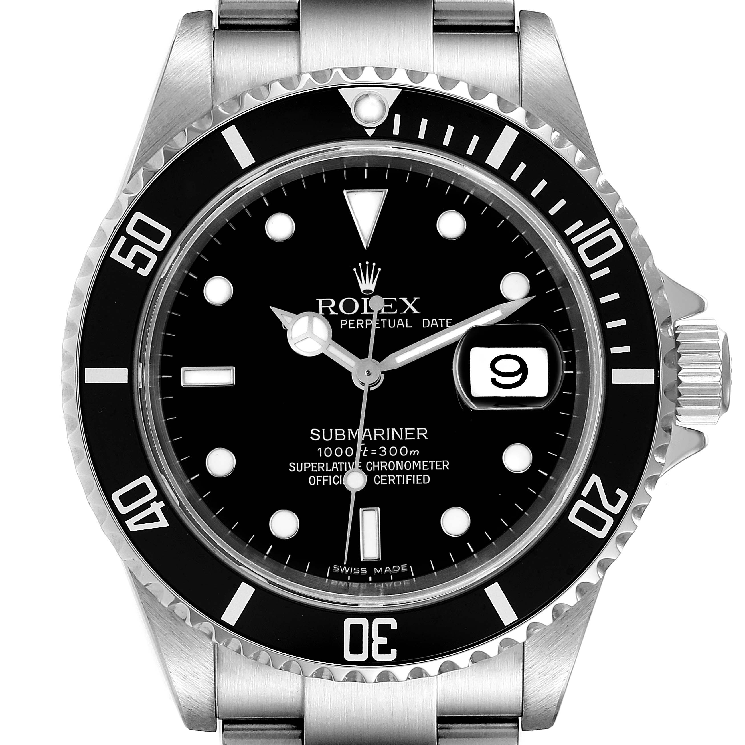 The image shows a head-on view of the Rolex Submariner 16610 Men's Stainless Steel Black Dial 16610 Men's Stainless Steel Black Dial watch, including the dial, bezel, crown, and part of the bracelet.