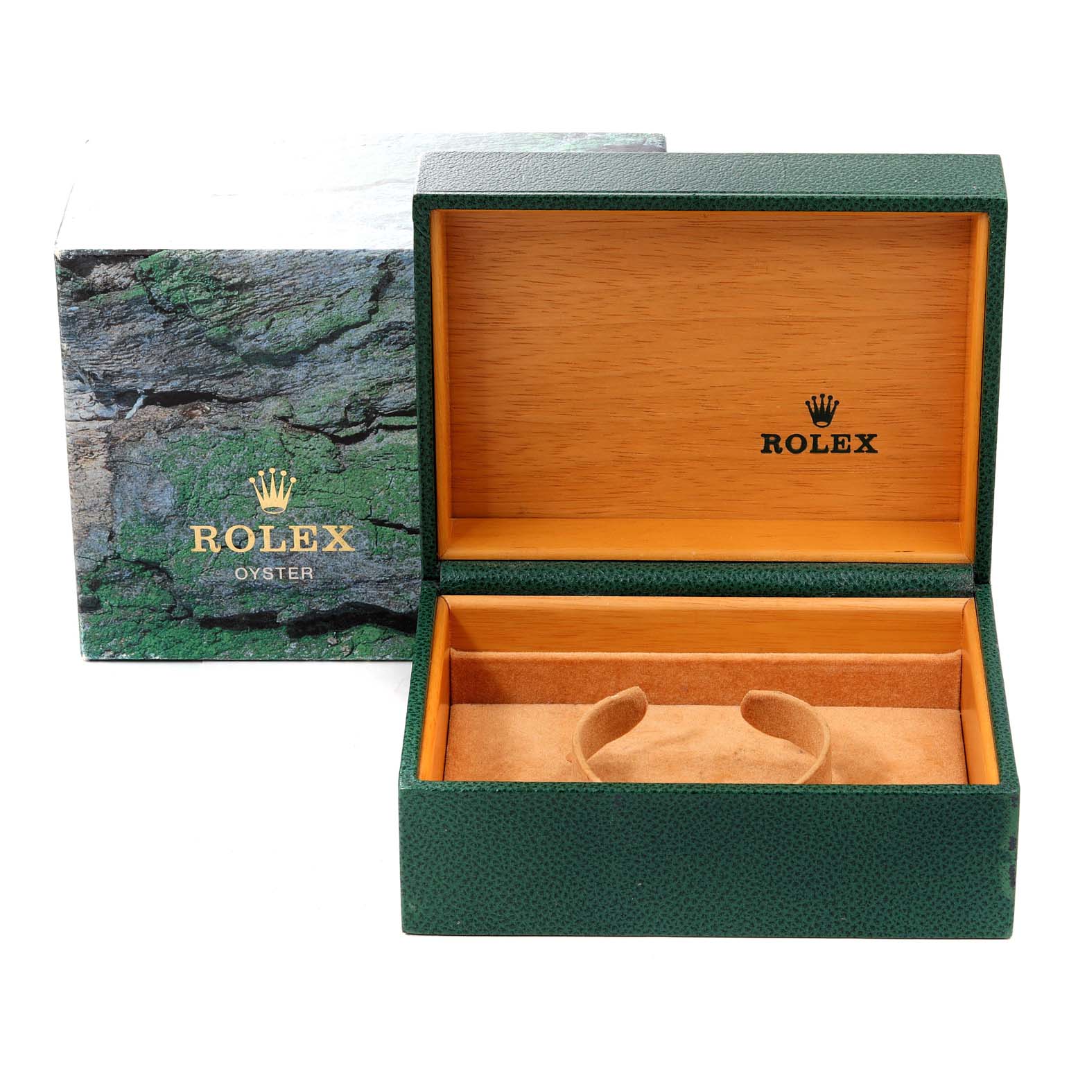 This image shows an open Rolex Submariner 16610 Men's Stainless Steel Black Dial 16610 Men's Stainless Steel Black Dial watch box, featuring the interior lining and an outer protective box.