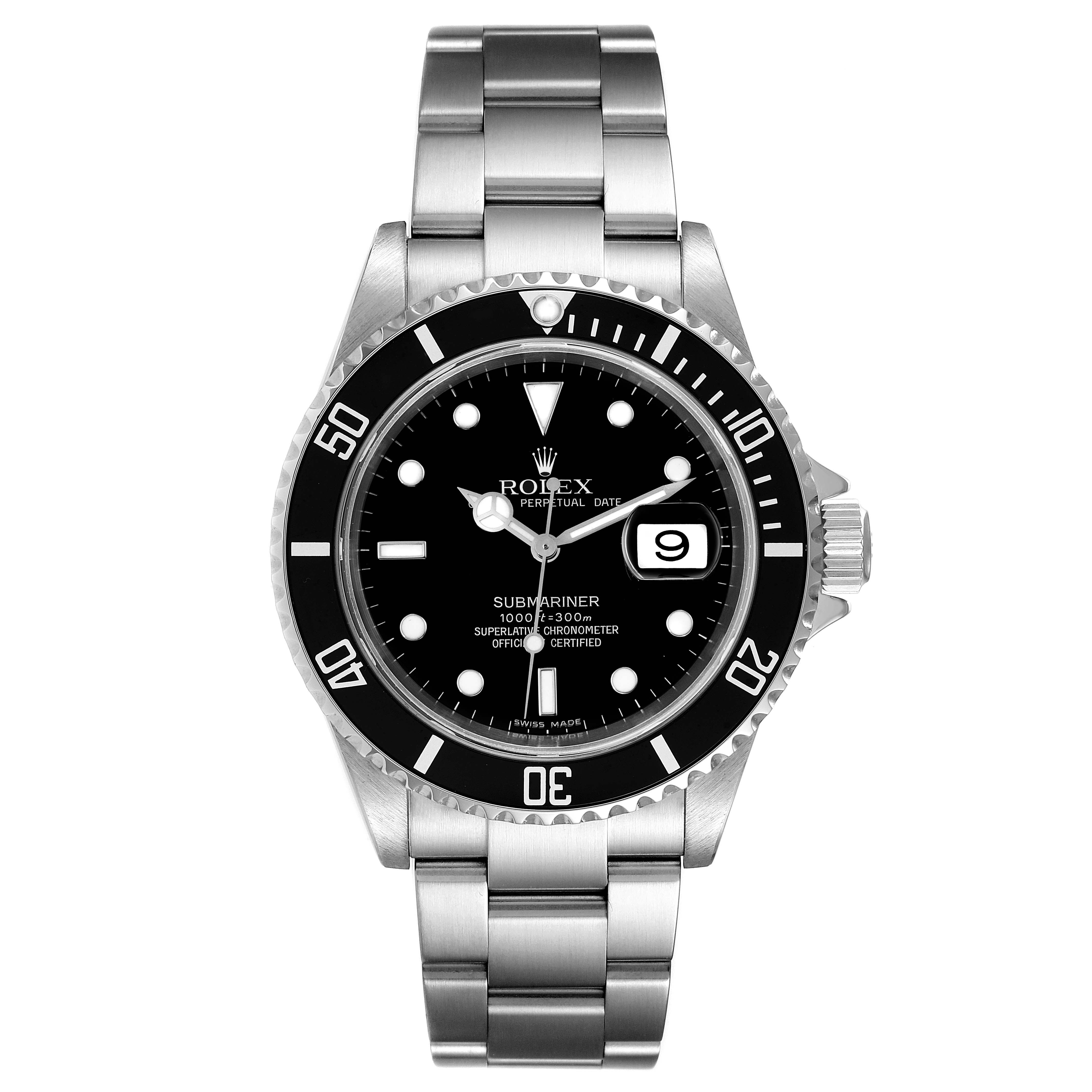 This image shows a front view of the Rolex Submariner 16610 Men's Stainless Steel Black Dial 16610 Men's Stainless Steel Black Dial watch, highlighting the dial, bezel, bracelet, and date window.
