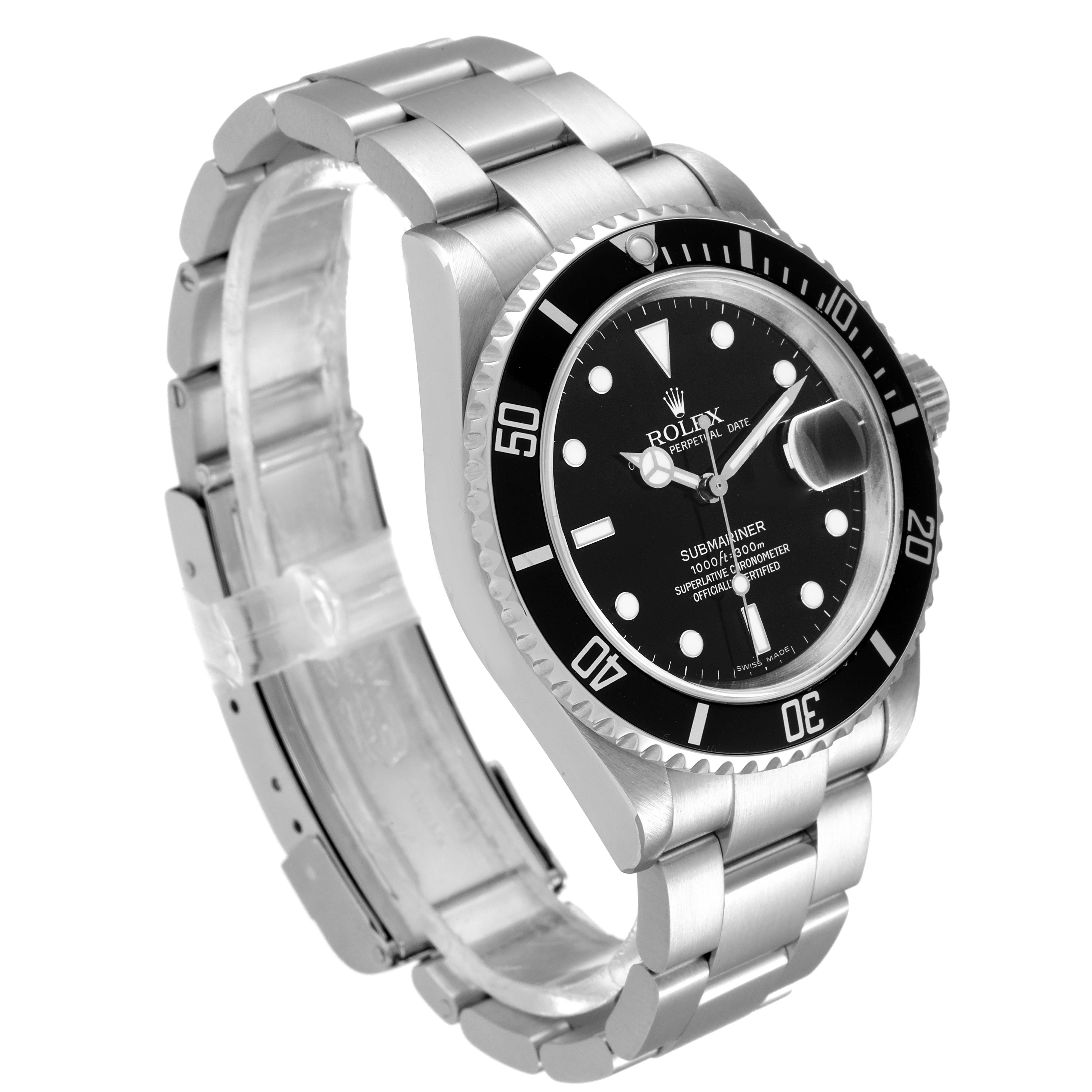 The image shows a Rolex Submariner 16610 Men's Stainless Steel Black Dial 16610 Men's Stainless Steel Black Dial watch at a side angle, highlighting the bracelet, bezel, and dial.