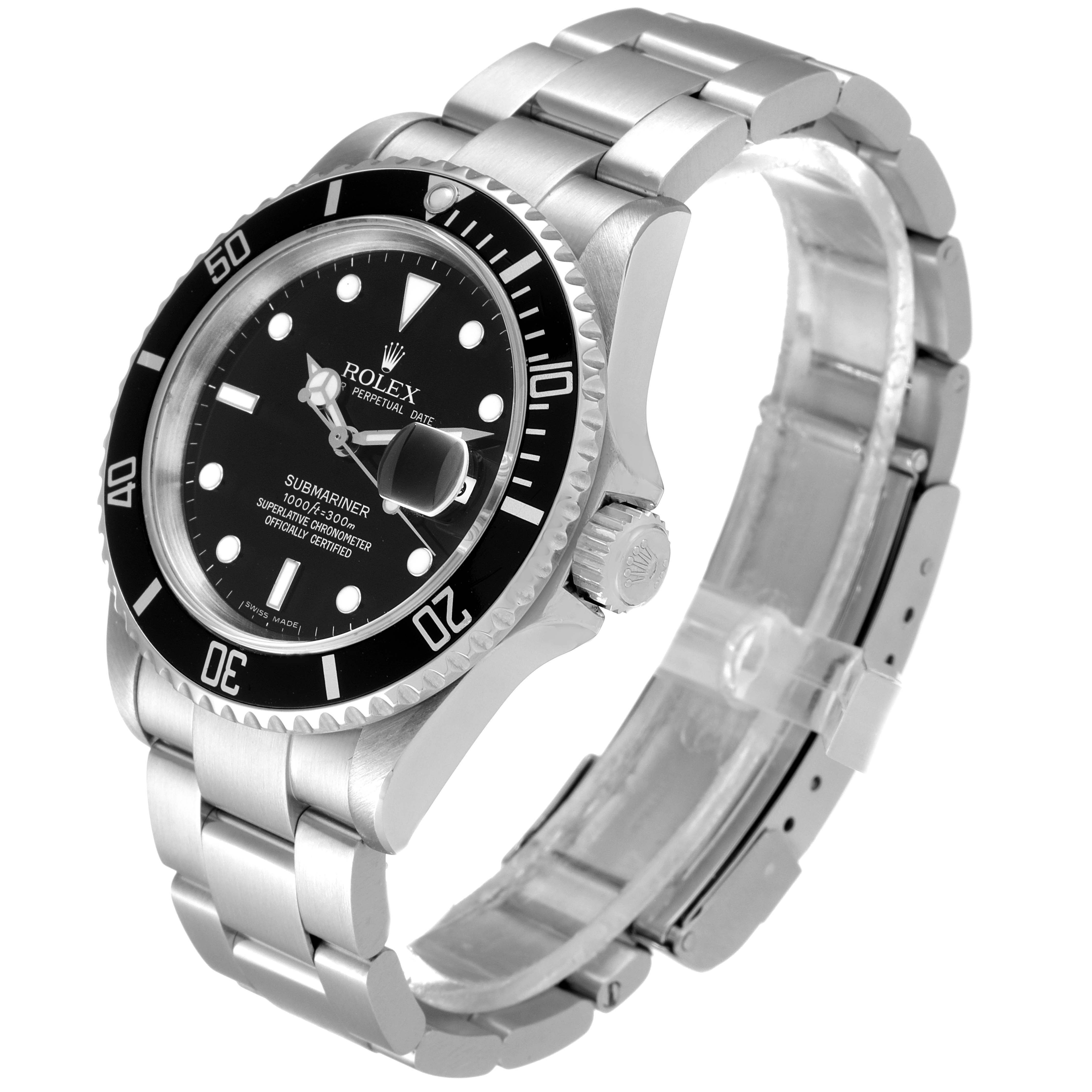 The Rolex Submariner 16610 Men's Stainless Steel Black Dial 16610 Men's Stainless Steel Black Dial watch is shown at an angled side view, displaying its face, bezel, crown, and bracelet.