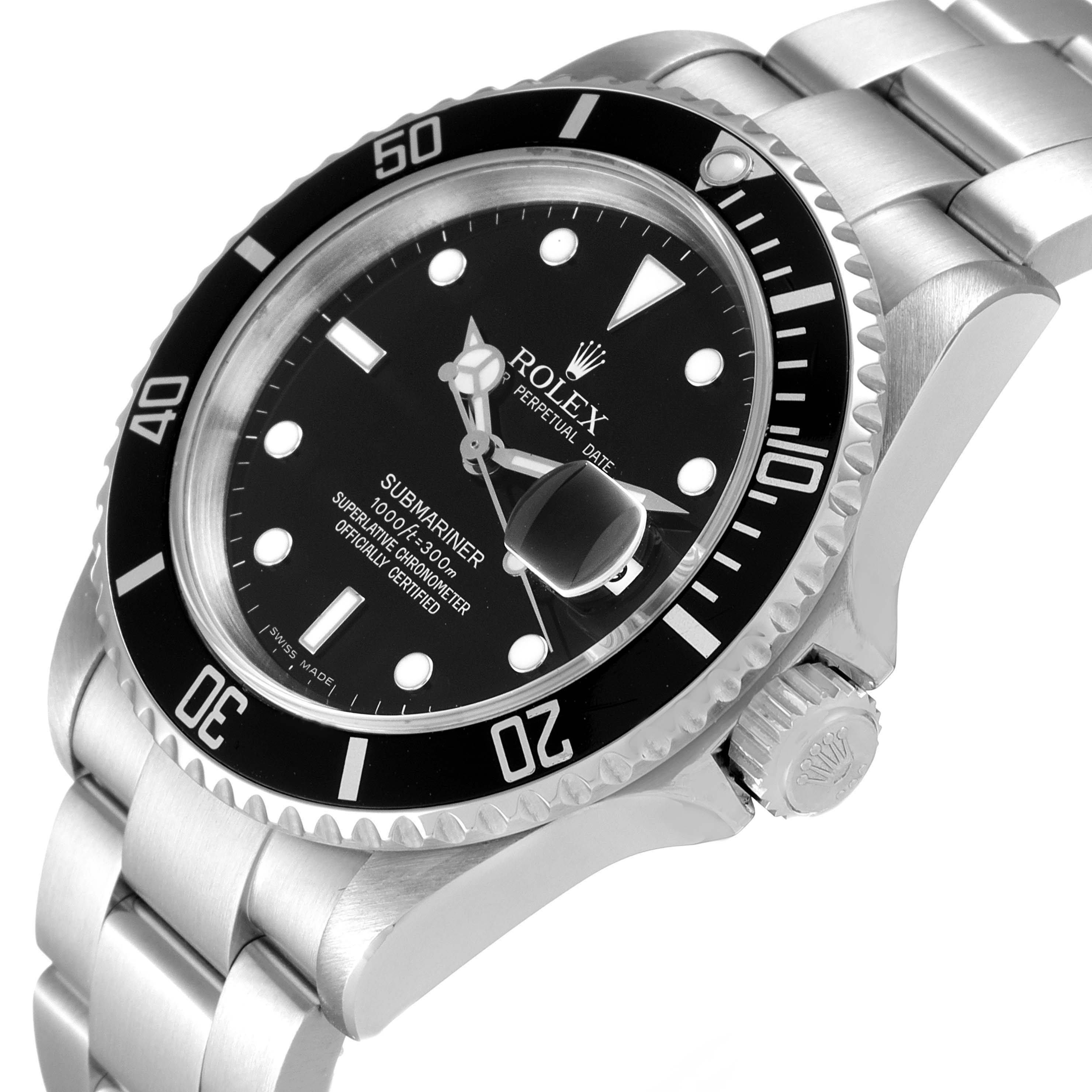 The image shows a close-up, angled view of the Rolex Submariner 16610 Men's Stainless Steel Black Dial 16610 Men's Stainless Steel Black Dial watch, highlighting the bezel, dial, and part of the bracelet.
