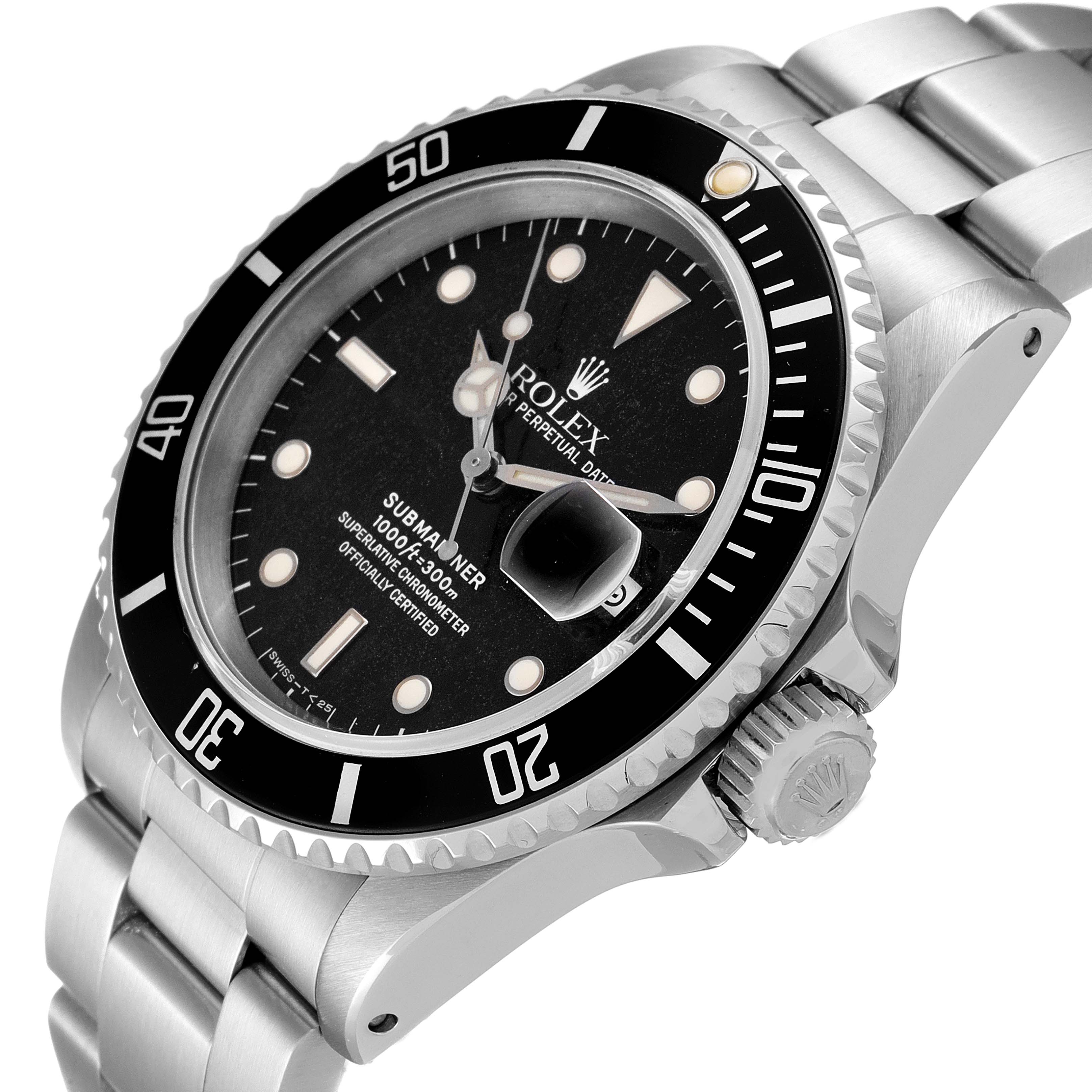 The Rolex Submariner 16610 Men's Stainless Steel Black Dial 16610 Men's Stainless Steel Black Dial watch is shown from a tilted side angle, displaying the bezel, dial, crown, and part of the bracelet.