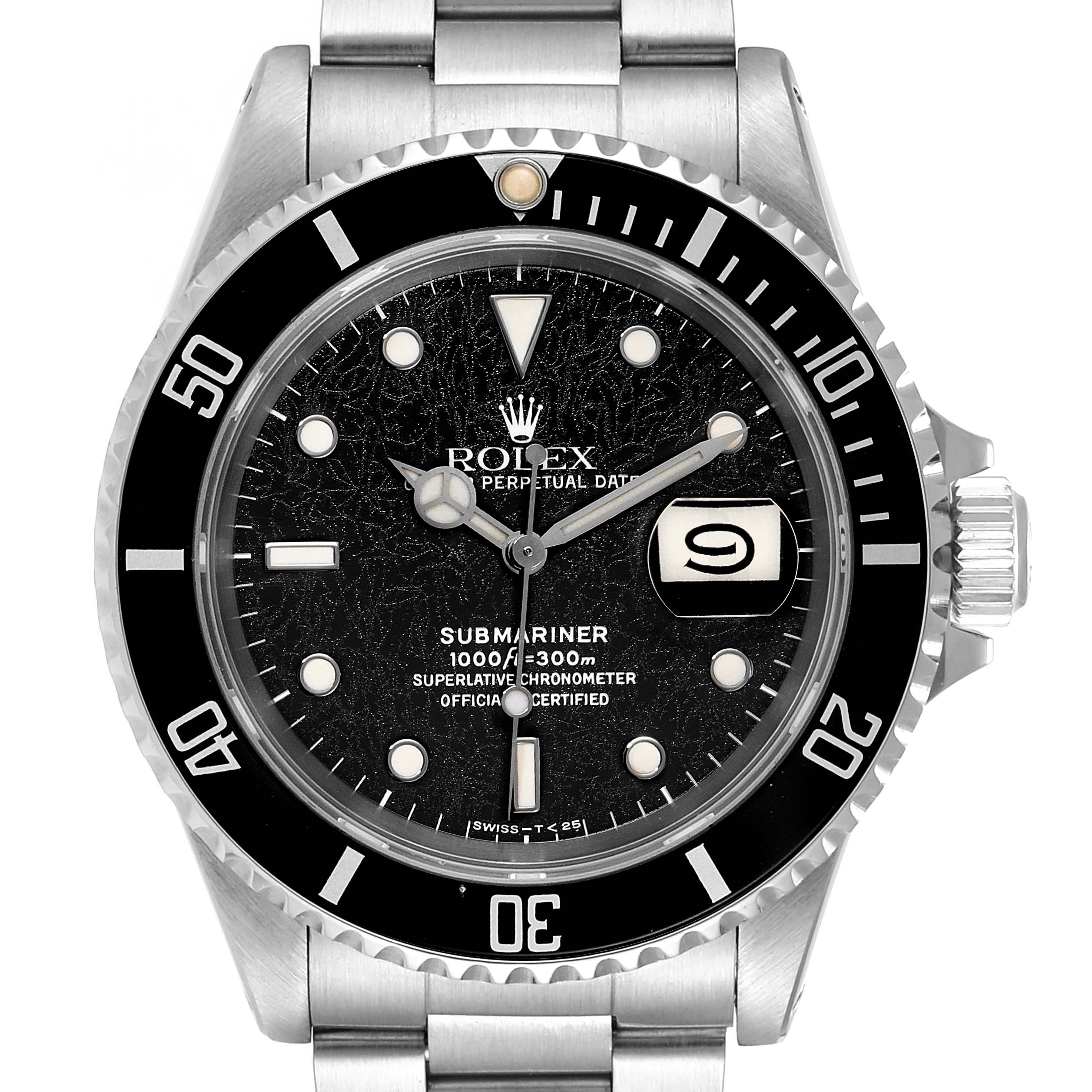 This image shows a front view of a Rolex Submariner 16610 Men's Stainless Steel Black Dial 16610 Men's Stainless Steel Black Dial watch, featuring the dial, bezel, and part of the bracelet.