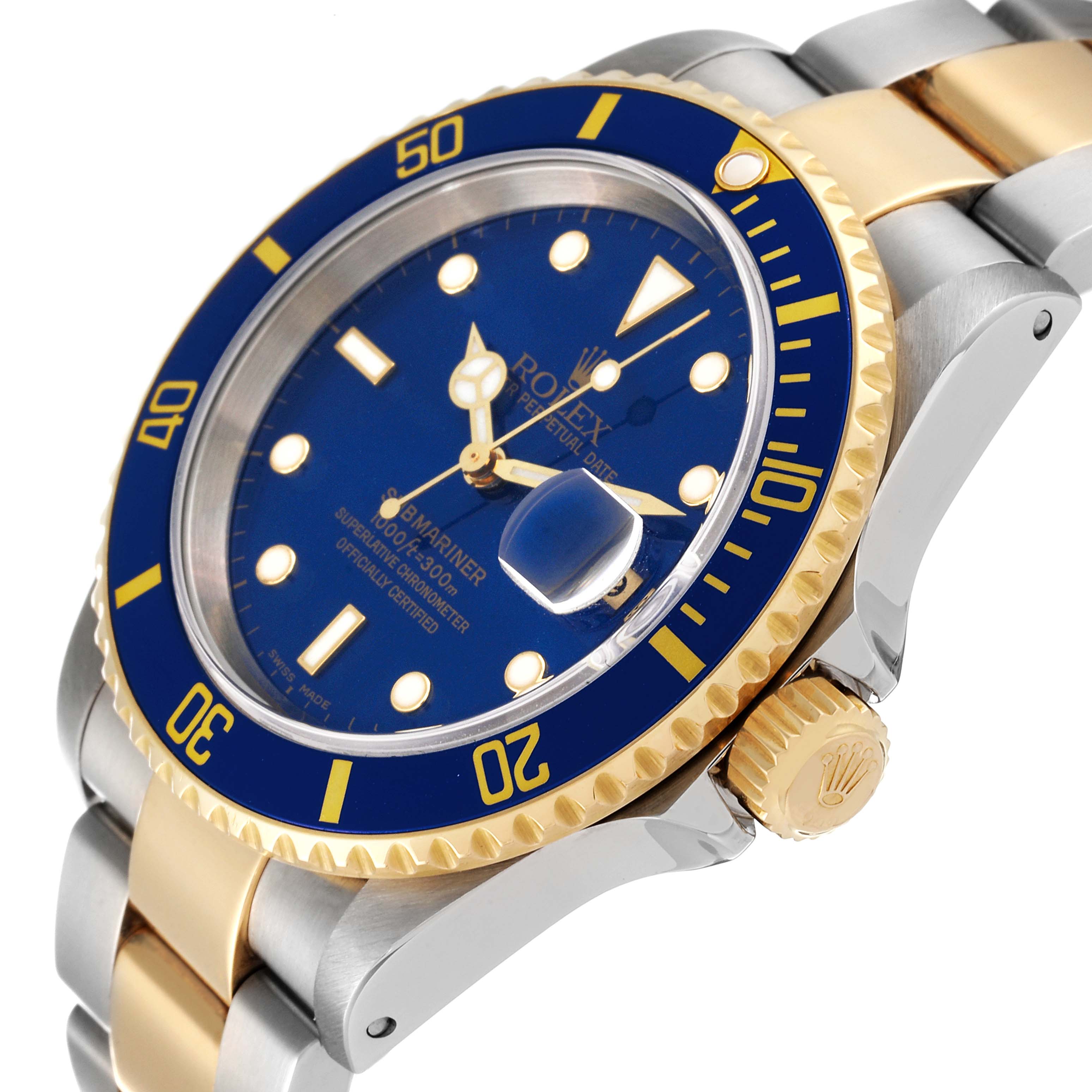 The image shows a side angle of a Rolex Submariner 16613 Men's Steel and Gold (two tone) Blue Dial 16613 Men's Steel and Gold (two tone) Blue Dial, highlighting its blue dial, bezel, gold crown, and two-tone bracelet.