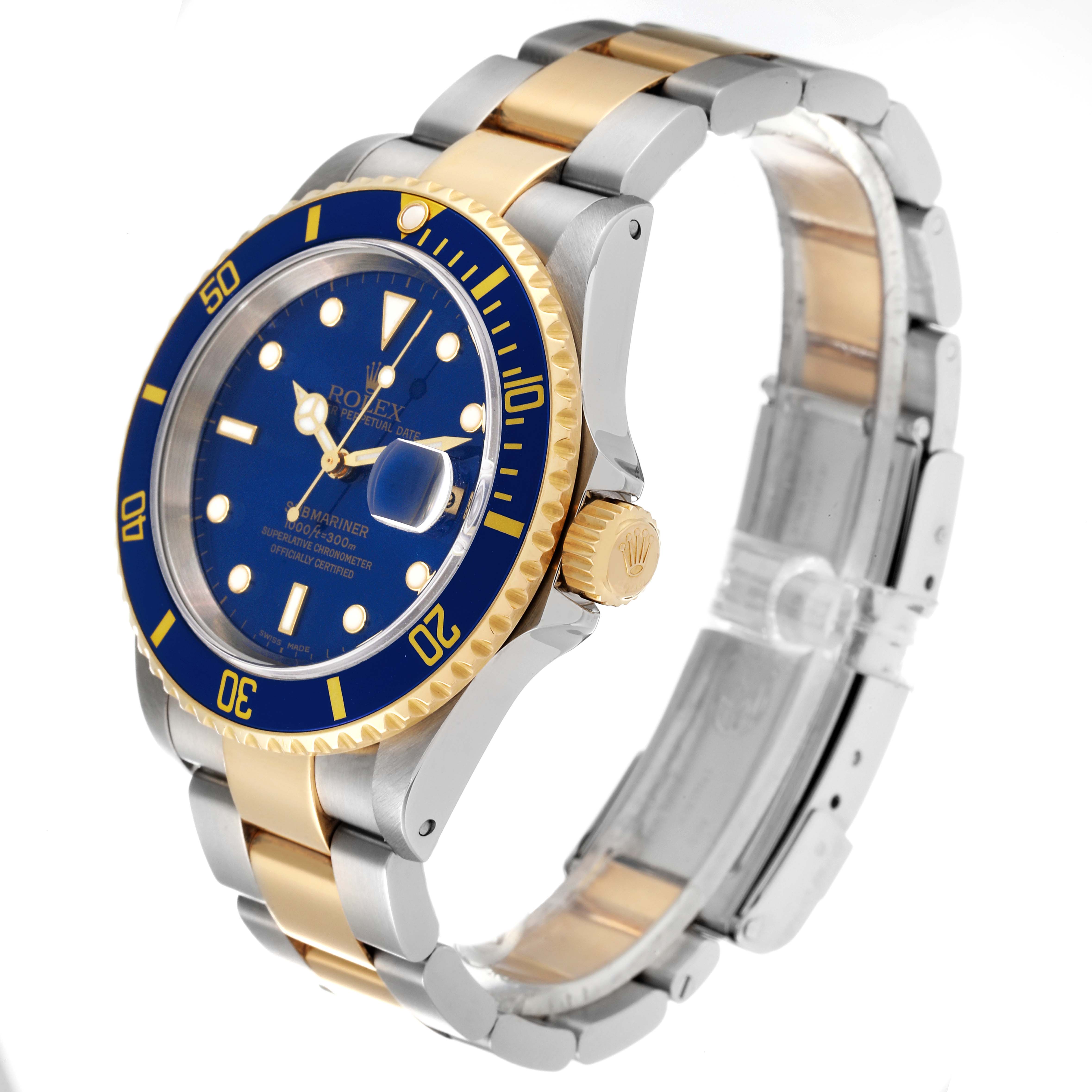 The image shows a Rolex Submariner 16613 Men's Steel and Gold (two tone) Blue Dial 16613 Men's Steel and Gold (two tone) Blue Dial watch from an angled side view, highlighting its blue dial, bezel, and two-tone bracelet.
