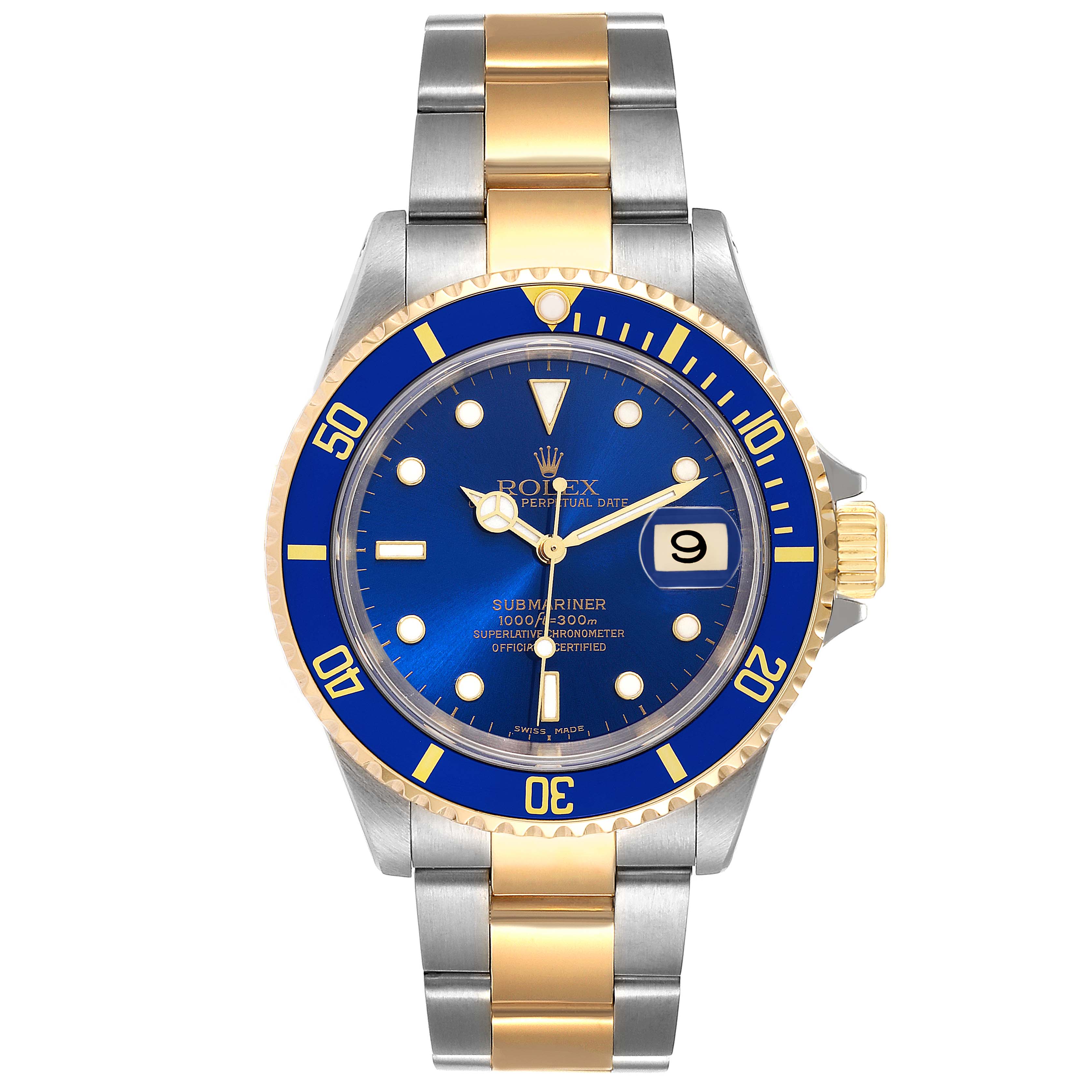 This image shows the front view of a Rolex Submariner 16613 Men's Steel and Gold (two tone) Blue Dial 16613 Men's Steel and Gold (two tone) Blue Dial watch, highlighting its face, bezel, and two-tone metal bracelet.