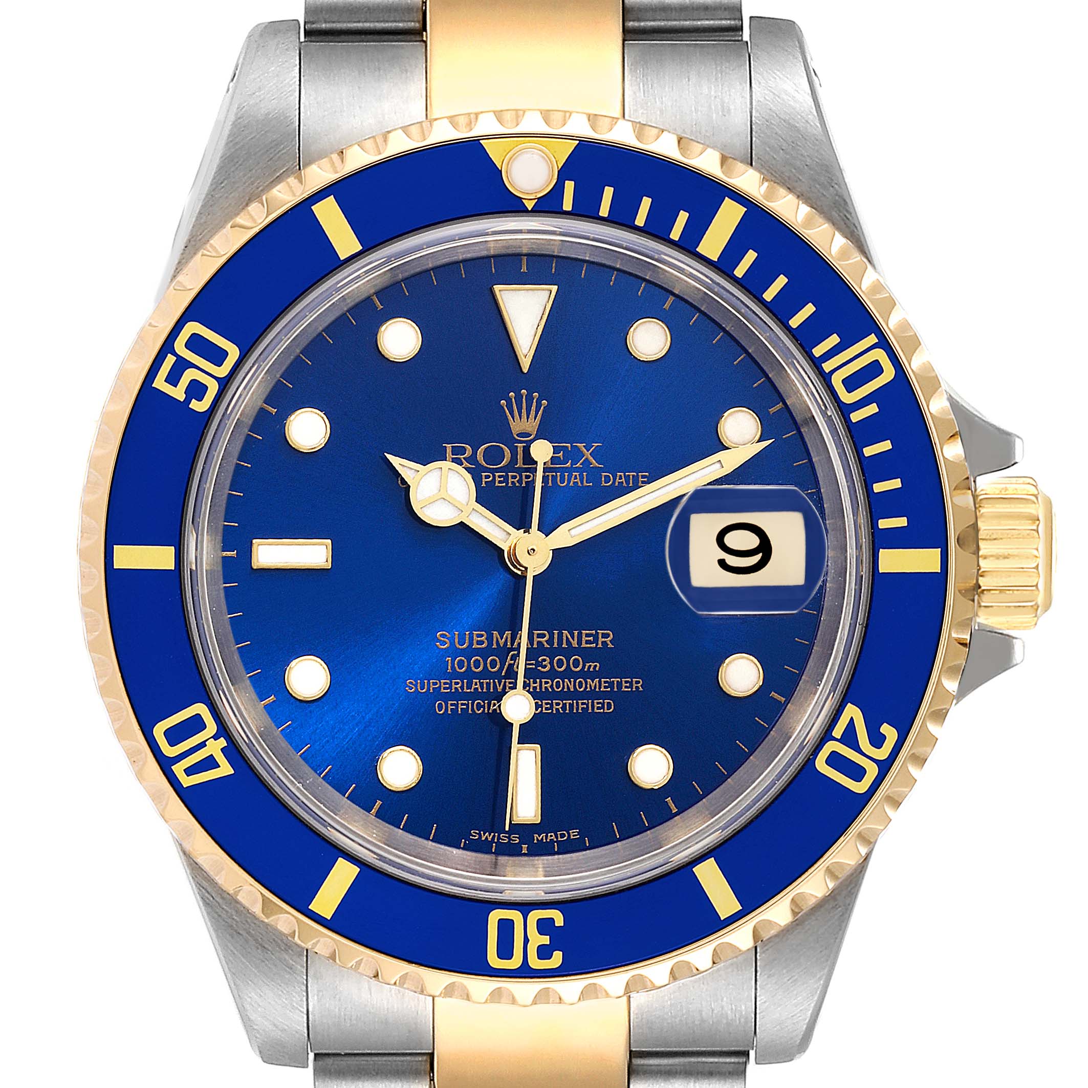 This image shows a Rolex Submariner 16613 Men's Steel and Gold (two tone) Blue Dial 16613 Men's Steel and Gold (two tone) Blue Dial watch from a front angle, highlighting its blue dial, date window, and two-tone bracelet.