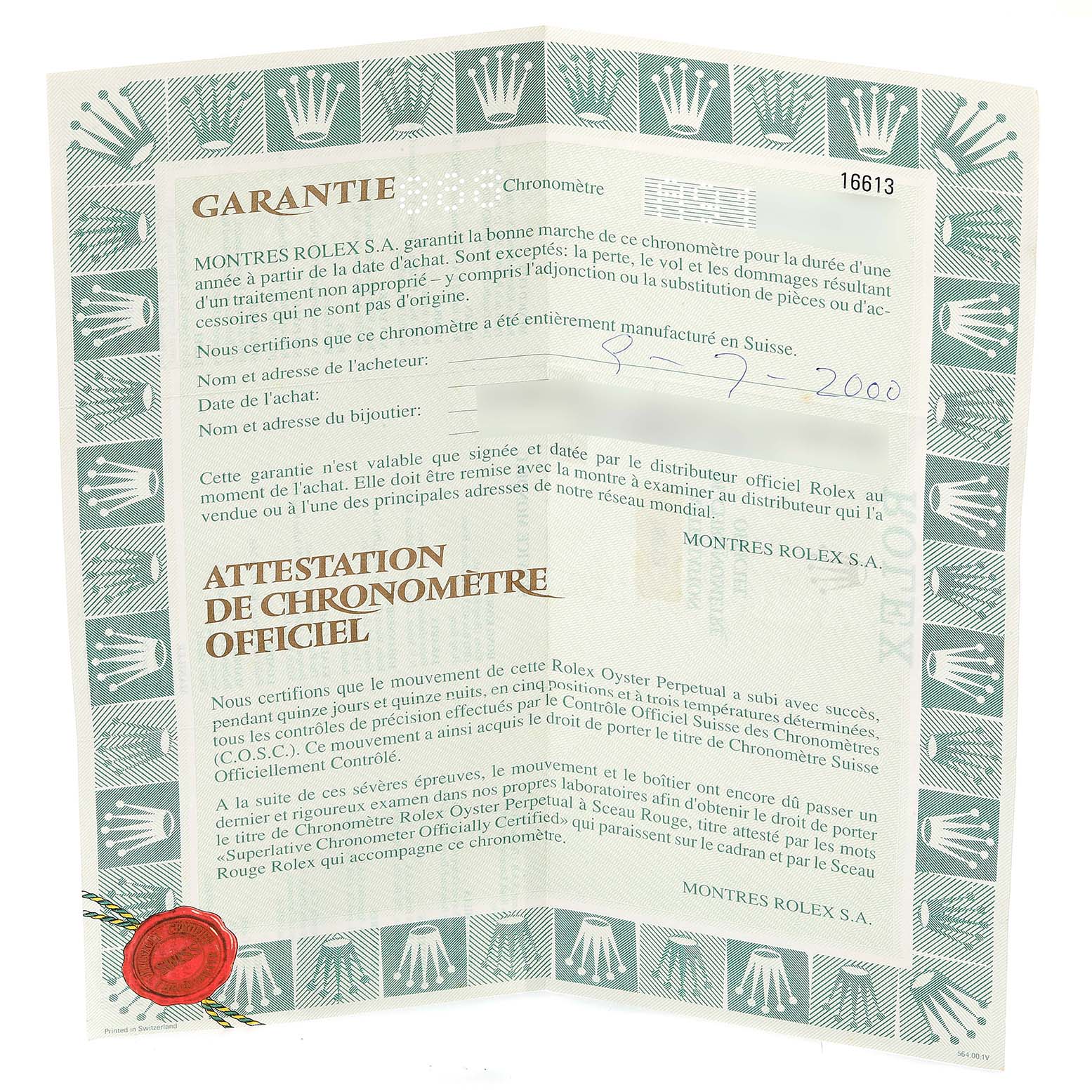 This image shows a warranty certificate and official chronometer certification for a Rolex Submariner 16613 Men's Steel and Gold (two tone) Blue Dial 16613 Men's Steel and Gold (two tone) Blue Dial watch.