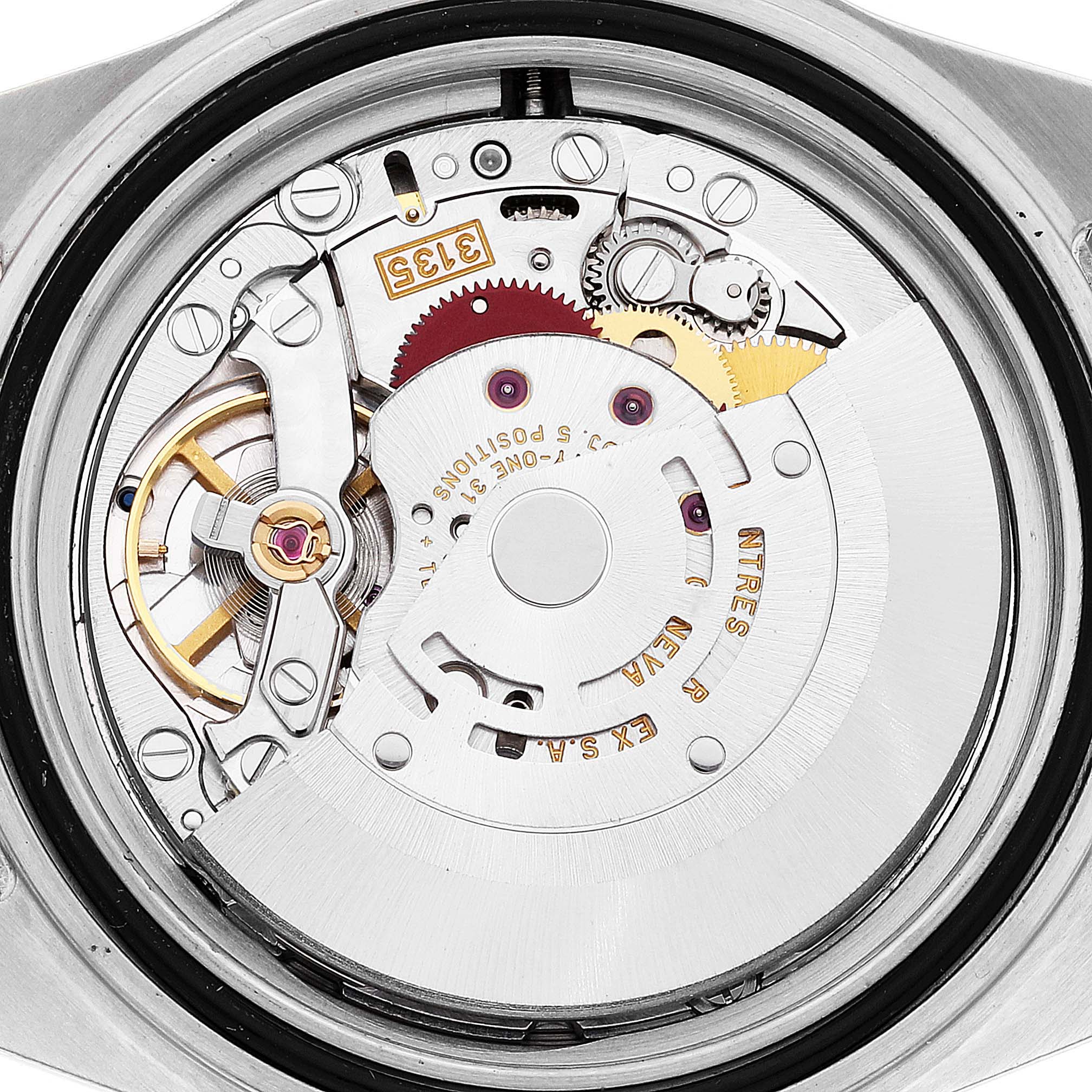 This image shows the internal mechanism of the Rolex Submariner 16613 Men's Steel and Gold (two tone) Blue Dial 16613 Men's Steel and Gold (two tone) Blue Dial watch, viewed from the back, highlighting the movement parts.