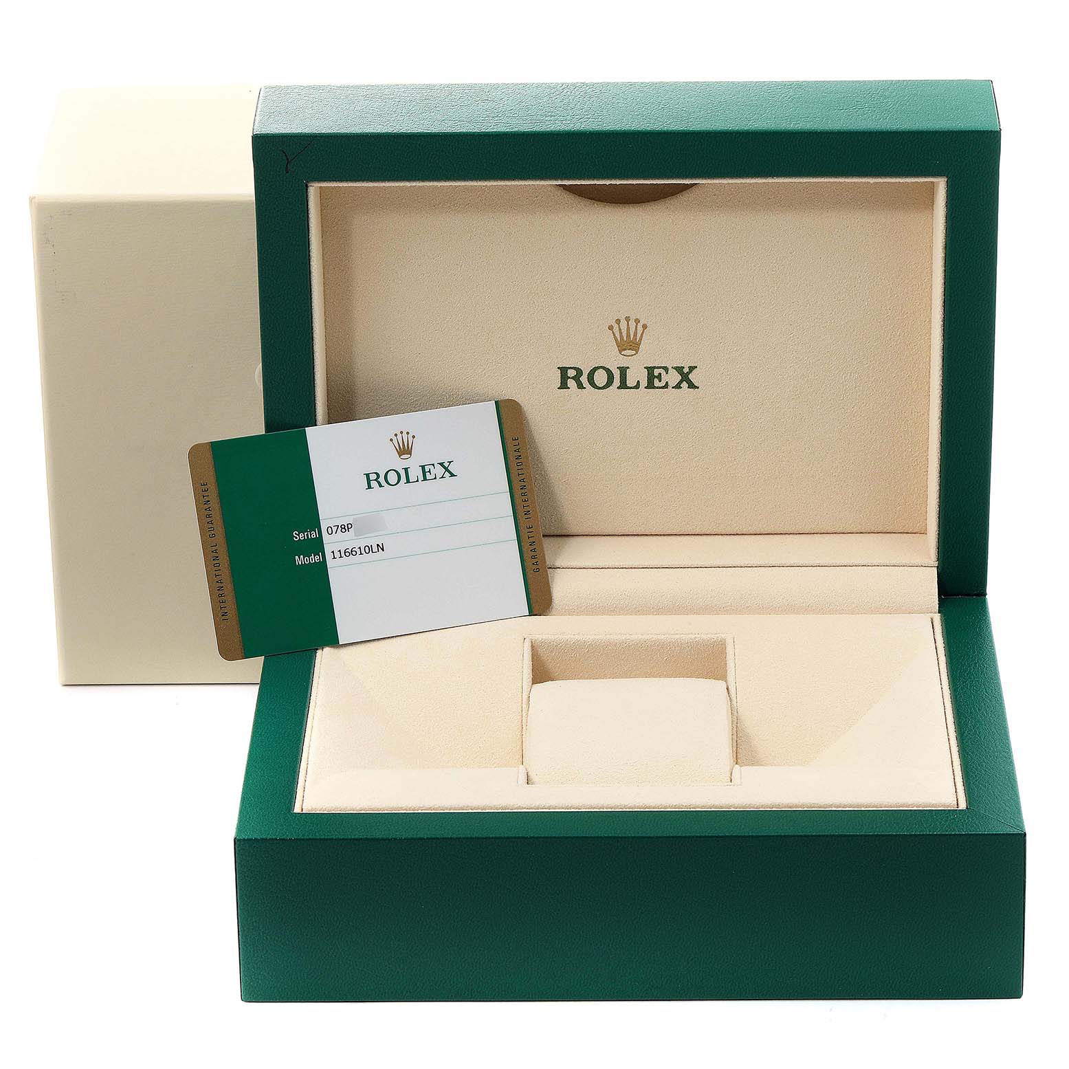 The image shows an open Rolex Submariner 116610 Men's Stainless Steel Black Dial 116610 Men's Stainless Steel Black Dial watch box with an authenticity card placed inside.