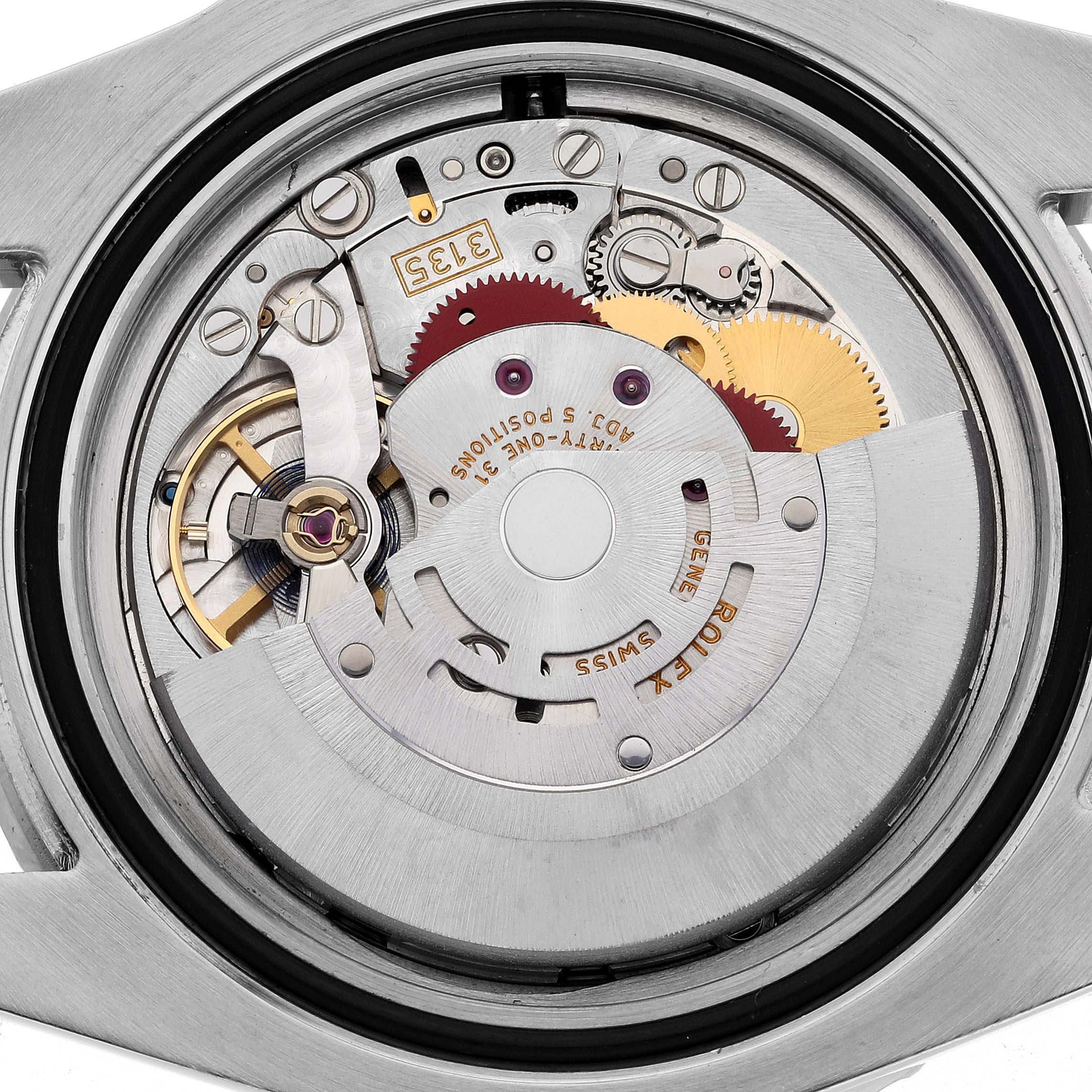 The image shows the intricate movement and internal components of a Rolex Submariner 116610 Men's Stainless Steel Black Dial 116610 Men's Stainless Steel Black Dial watch, viewed from the back.