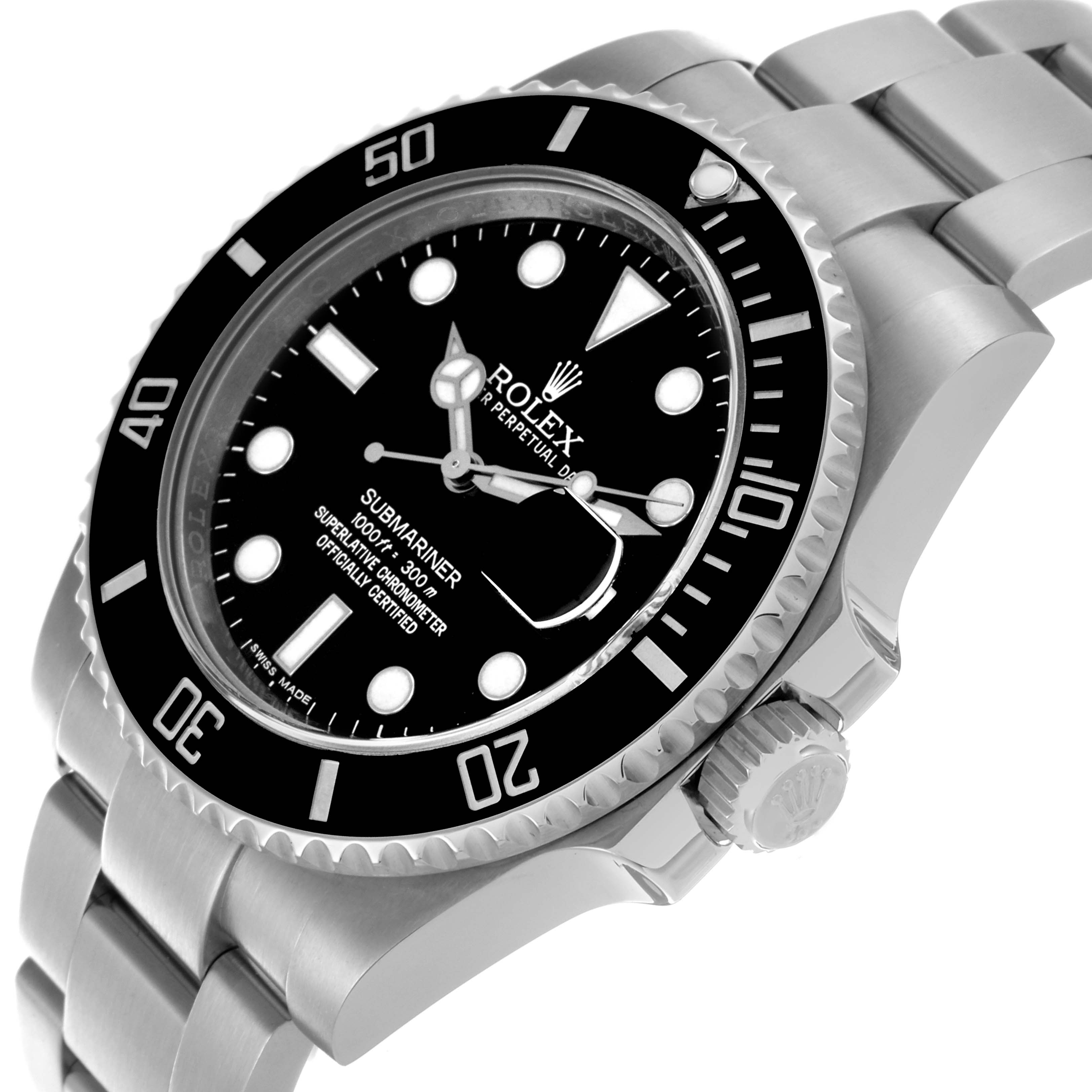 The image shows a Rolex Submariner 116610 Men's Stainless Steel Black Dial 116610 Men's Stainless Steel Black Dial at a slight angle highlighting the black bezel, dial, crown, and part of the bracelet.