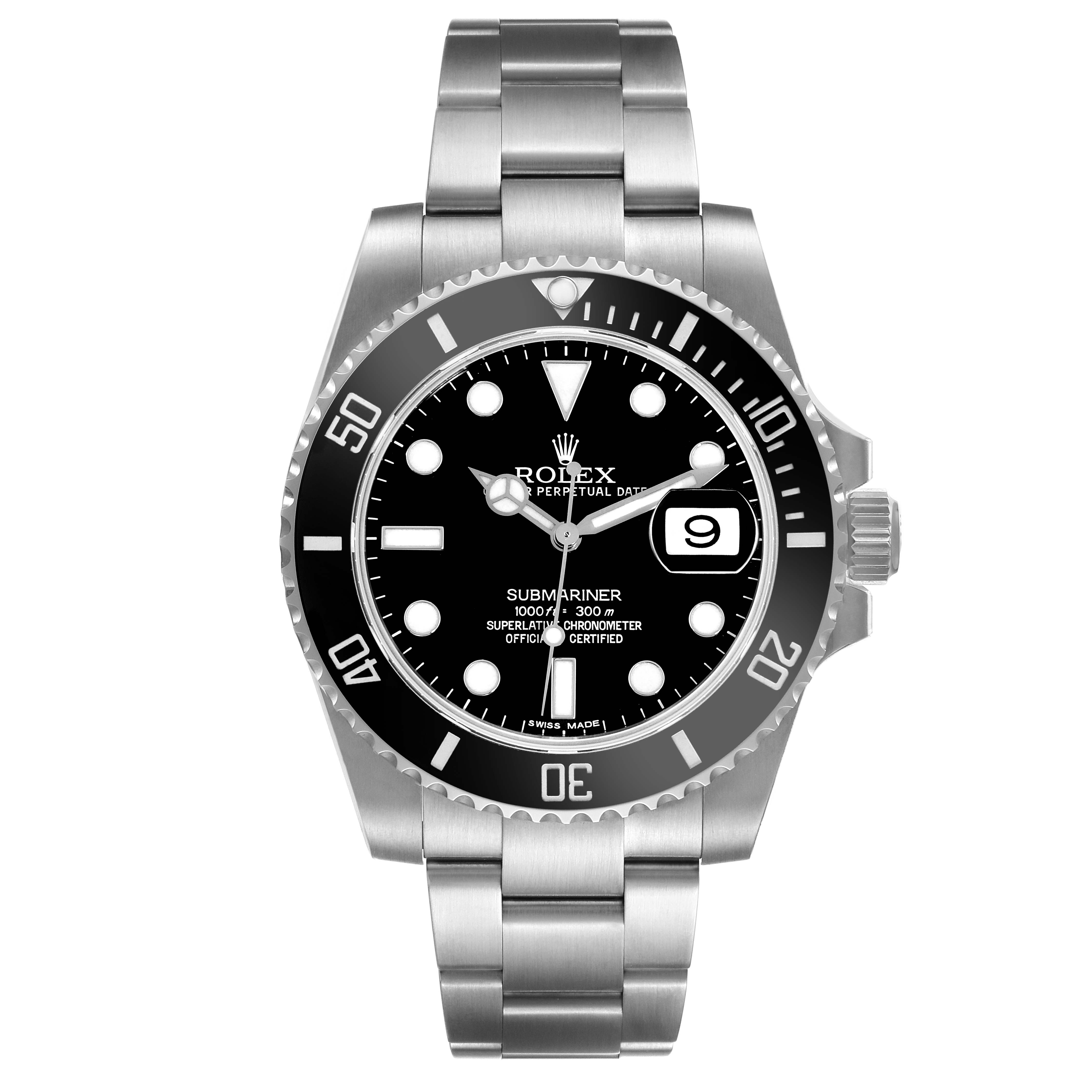 The image shows a front view of a Rolex Submariner 116610 Men's Stainless Steel Black Dial 116610 Men's Stainless Steel Black Dial, displaying its dial, bezel, case, and bracelet.