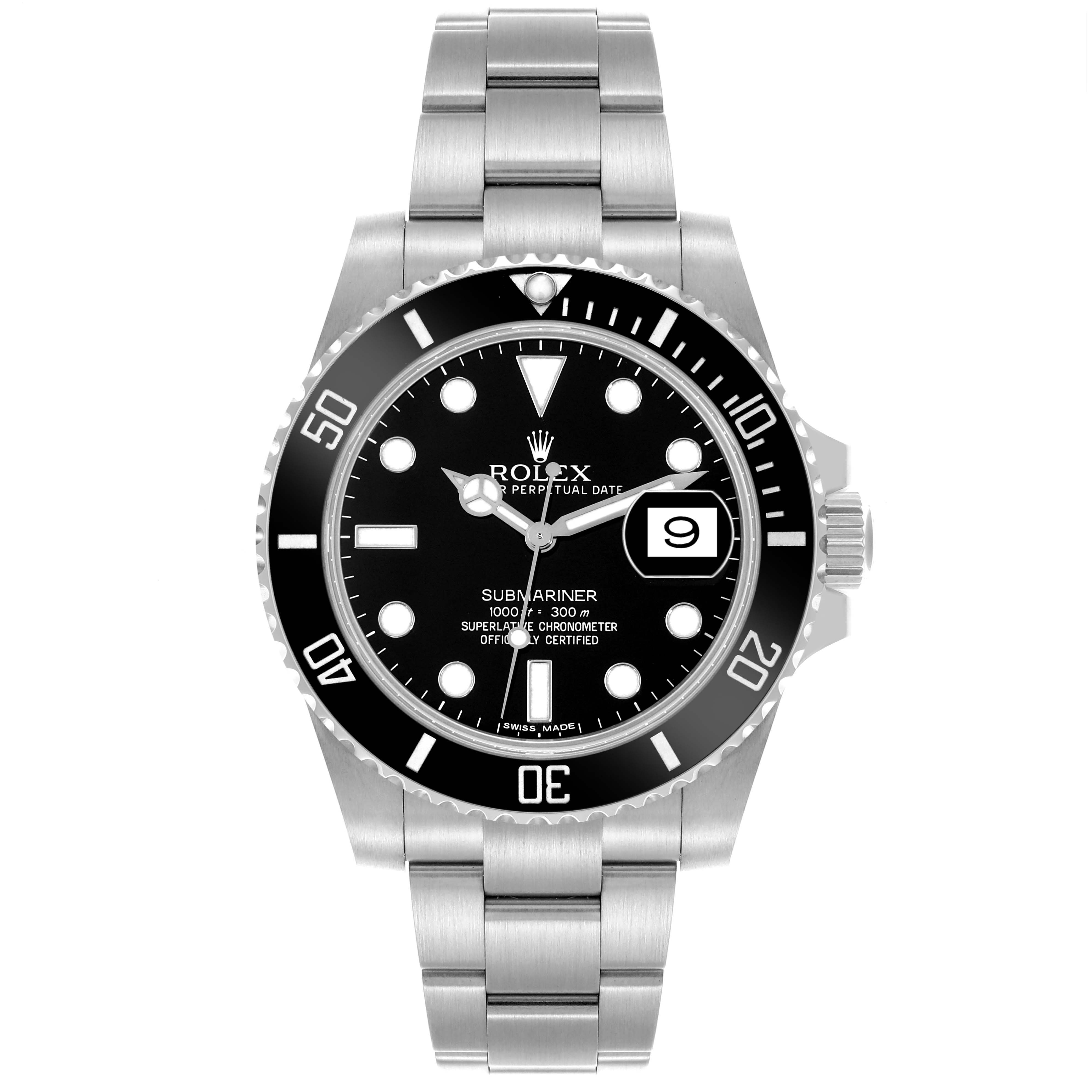 The image shows a front view of the Rolex Submariner 116610 Men
s Stainless Steel Black Dial 116610 Men
s Stainless Steel Black Dial watch, displaying the dial, bezel, case, and bracelet.