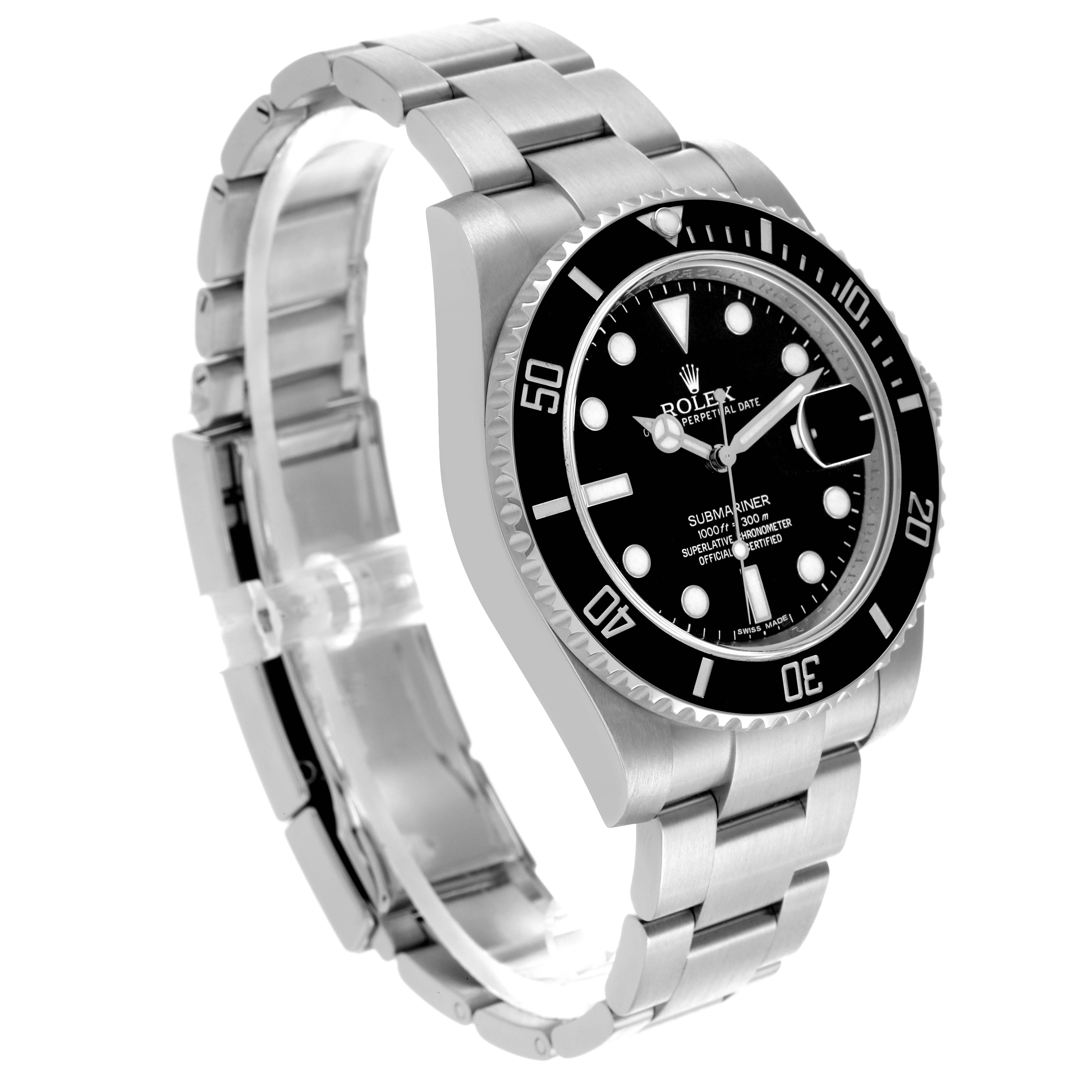 The image shows a Rolex Submariner 116610 Men
s Stainless Steel Black Dial 116610 Men
s Stainless Steel Black Dial watch from a high-angle side view, highlighting the bezel, dial, and linked bracelet.