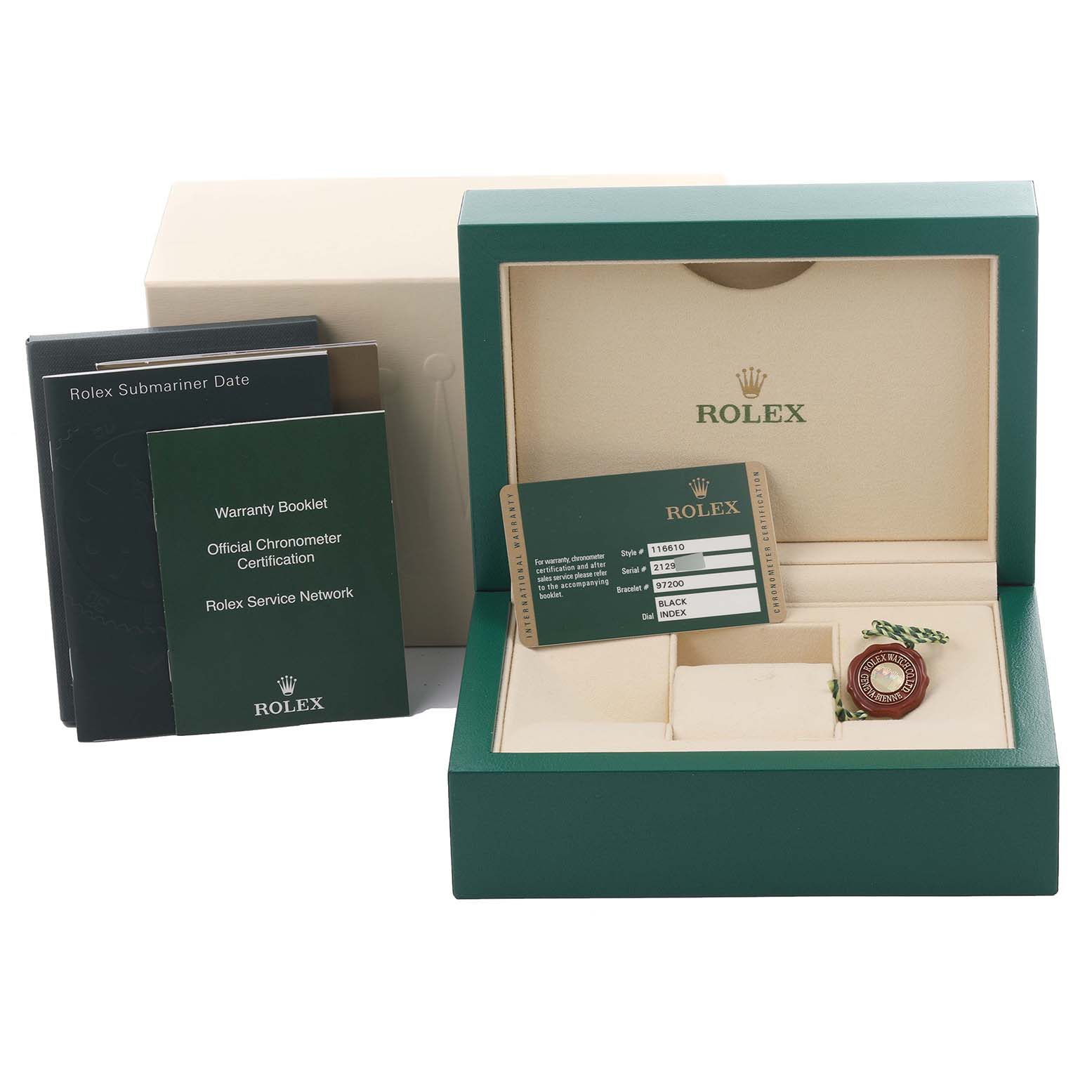 The image shows the packaging and accessories for a Rolex Submariner 116610 Men
s Stainless Steel Black Dial 116610 Men
s Stainless Steel Black Dial, including warranty cards and booklets.