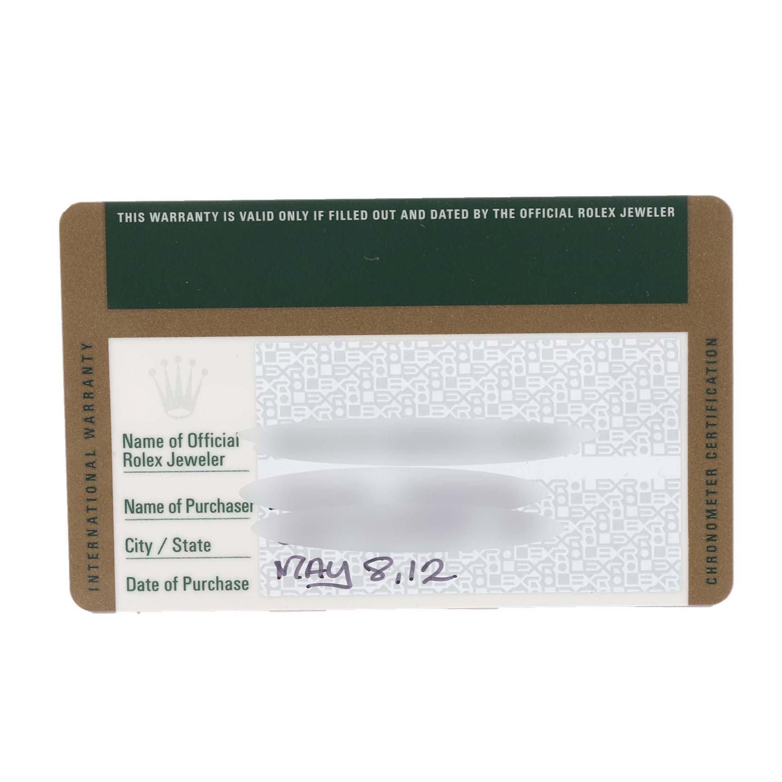 The image shows an official warranty card for a Rolex Submariner 116610 Men
s Stainless Steel Black Dial 116610 Men
s Stainless Steel Black Dial, viewed from the front.