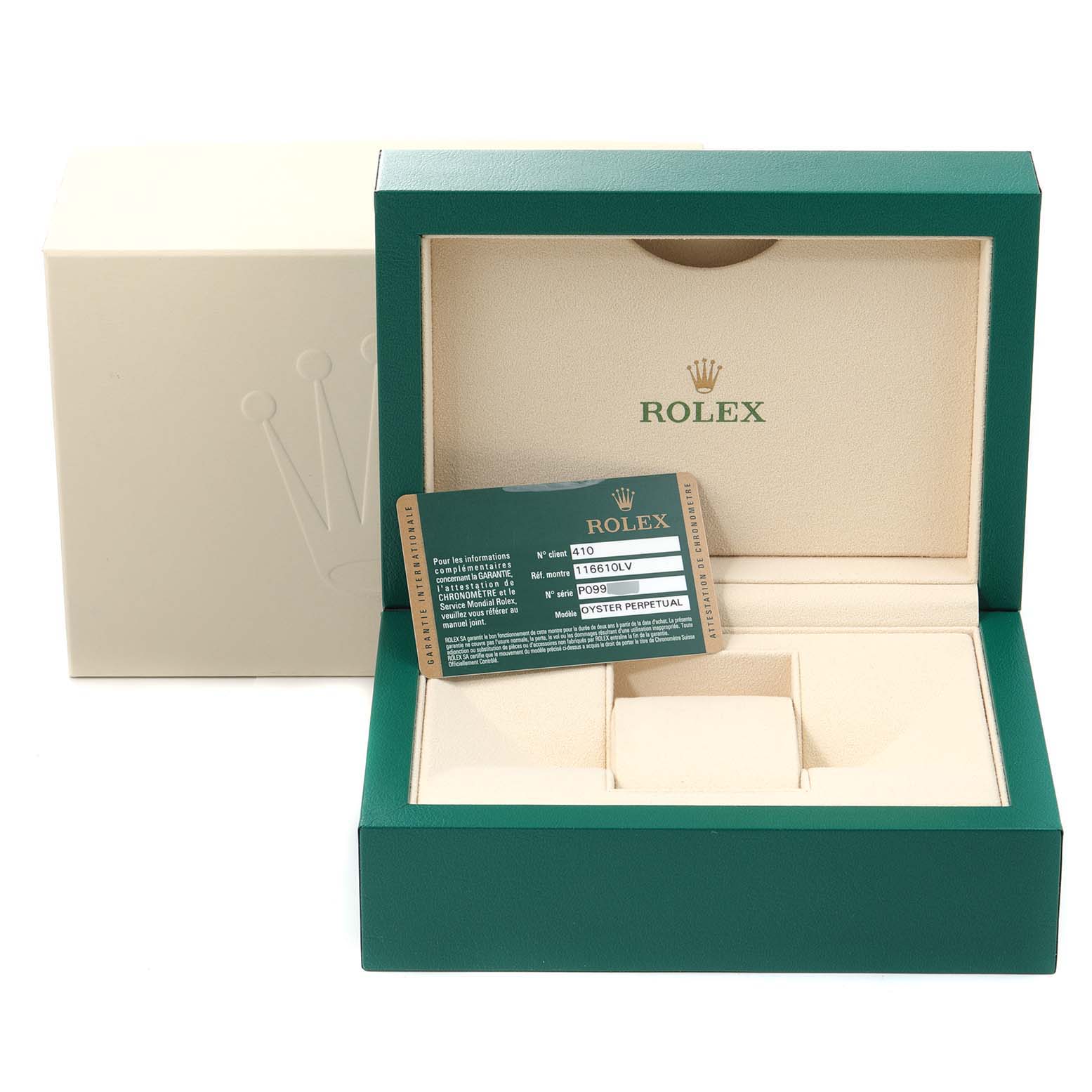 This image shows the packaging and accessories for a Rolex Submariner 116610LV Men
s Stainless Steel Green Dial 116610LV Men
s Stainless Steel Green Dial watch, including the box and the warranty card.