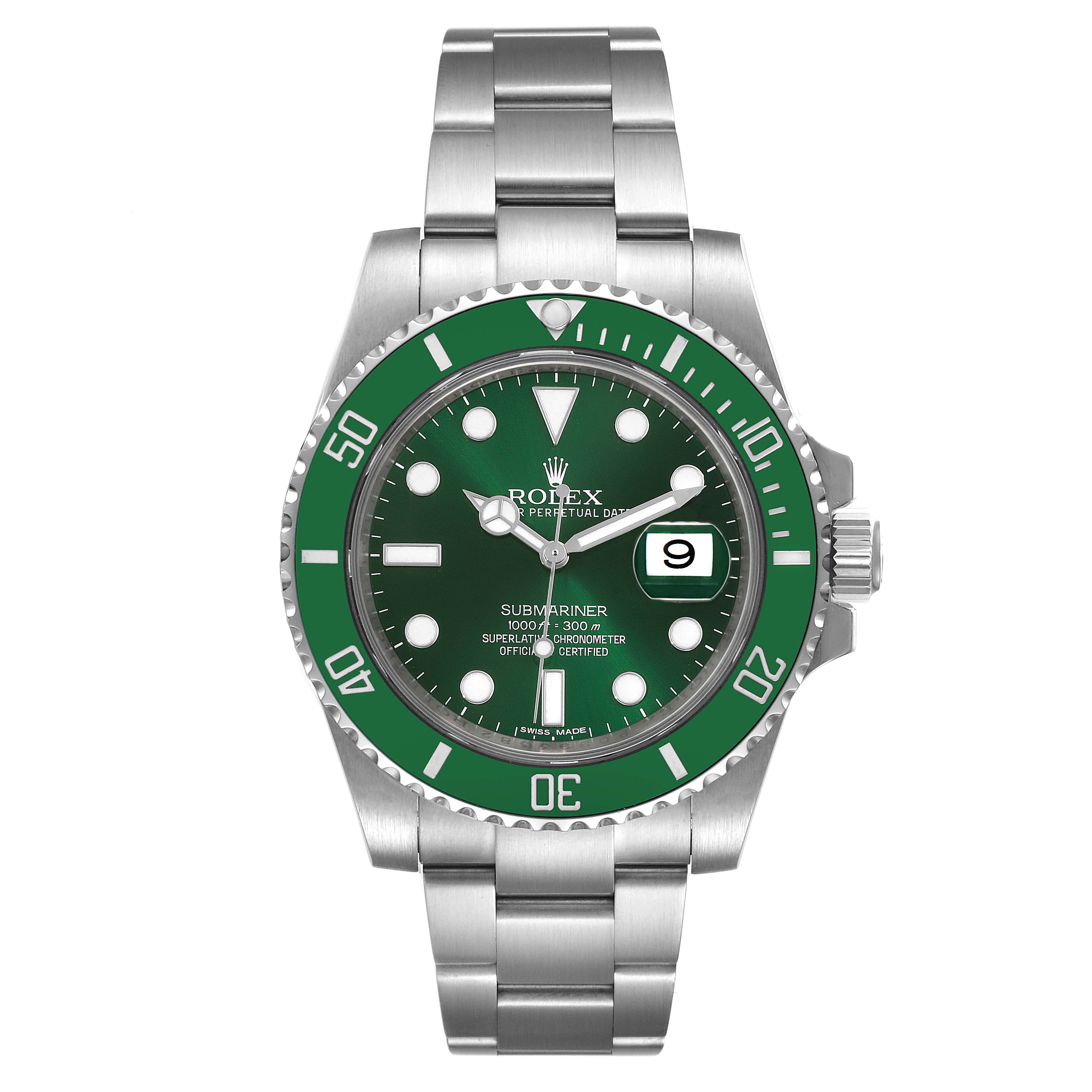 This image shows a Rolex Submariner 116610LV Men
s Stainless Steel Green Dial 116610LV Men
s Stainless Steel Green Dial watch from a front angle, displaying the dial, bezel, case, and bracelet.