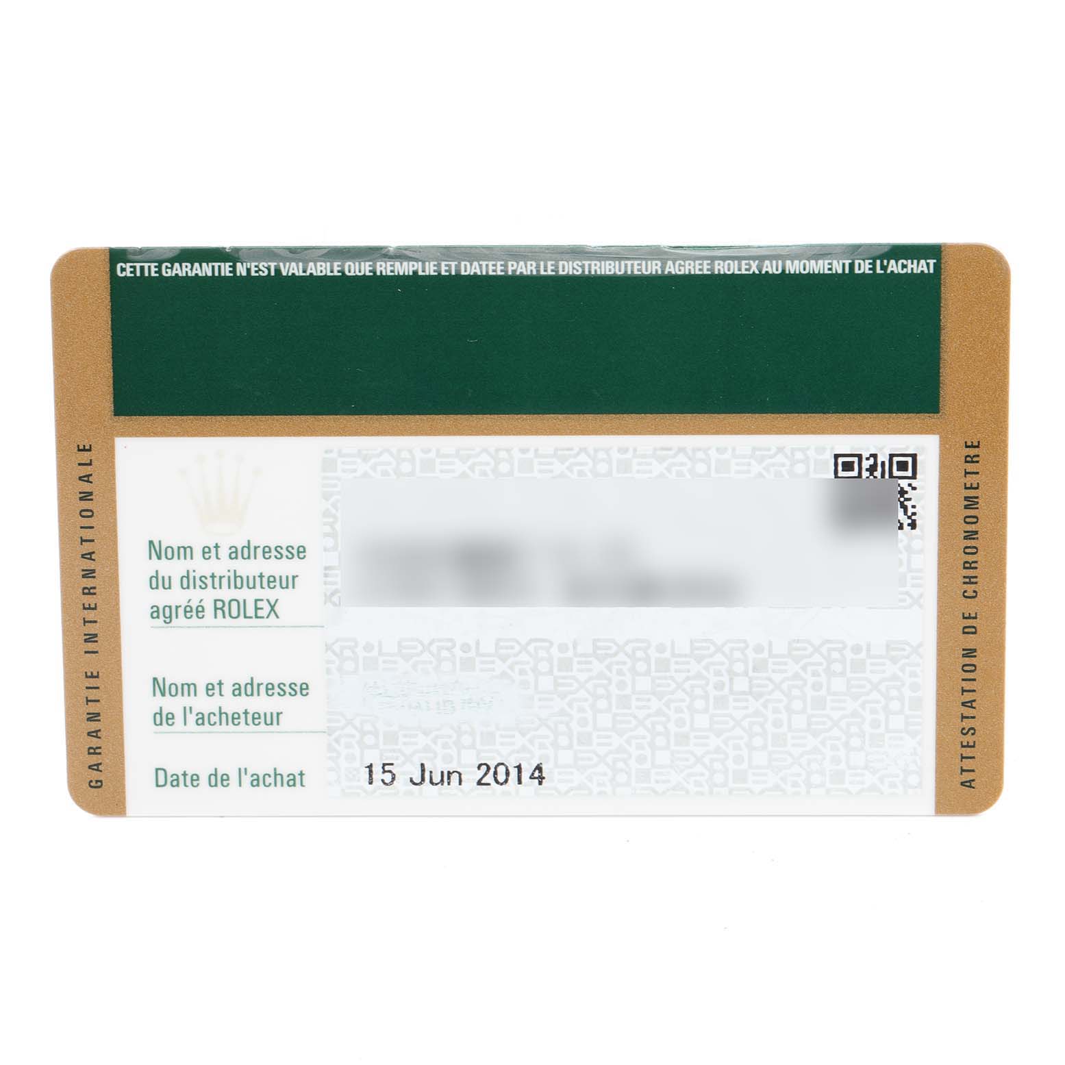 The image shows a Rolex Submariner 116610LV Men
s Stainless Steel Green Dial 116610LV Men
s Stainless Steel Green Dial warranty card, displaying dealer details and the purchase date (June 15, 2014).