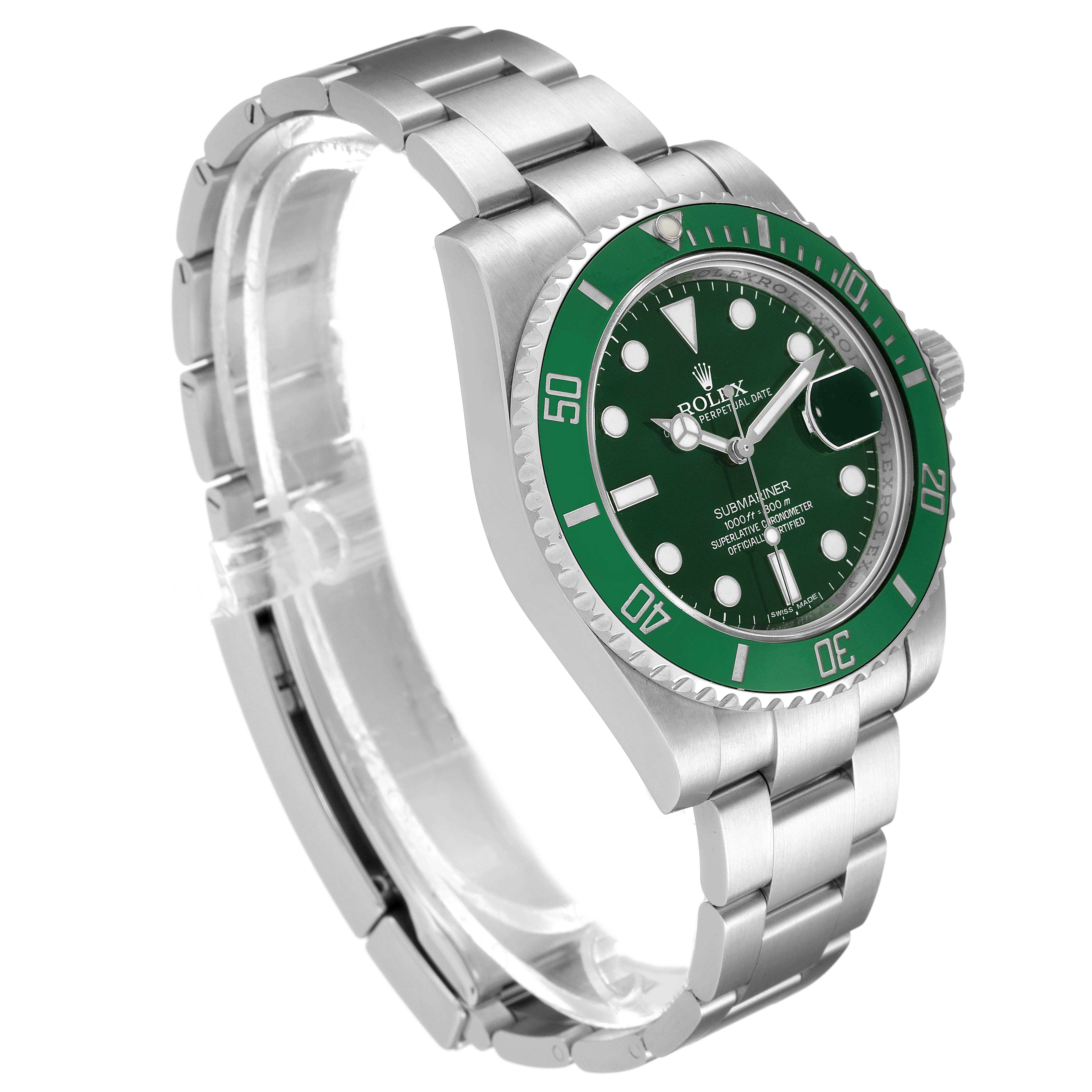 The Rolex Submariner 116610LV Men
s Stainless Steel Green Dial 116610LV Men
s Stainless Steel Green Dial watch is shown from a slight angle, displaying the green bezel, dial, crown, and stainless steel bracelet.