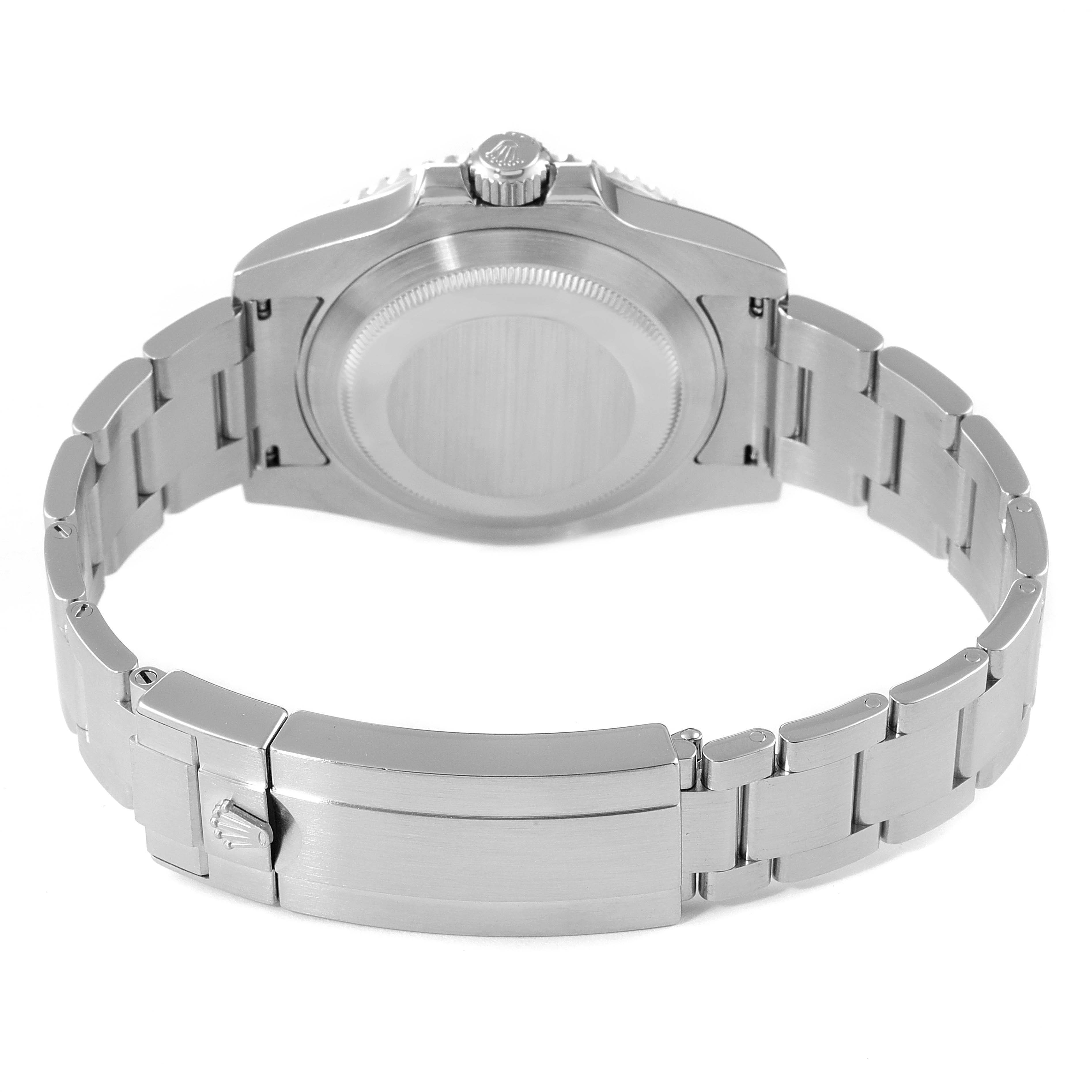 This image shows the back case, crown, and bracelet of a Rolex Submariner 116610LV Men
s Stainless Steel Green Dial 116610LV Men
s Stainless Steel Green Dial watch.