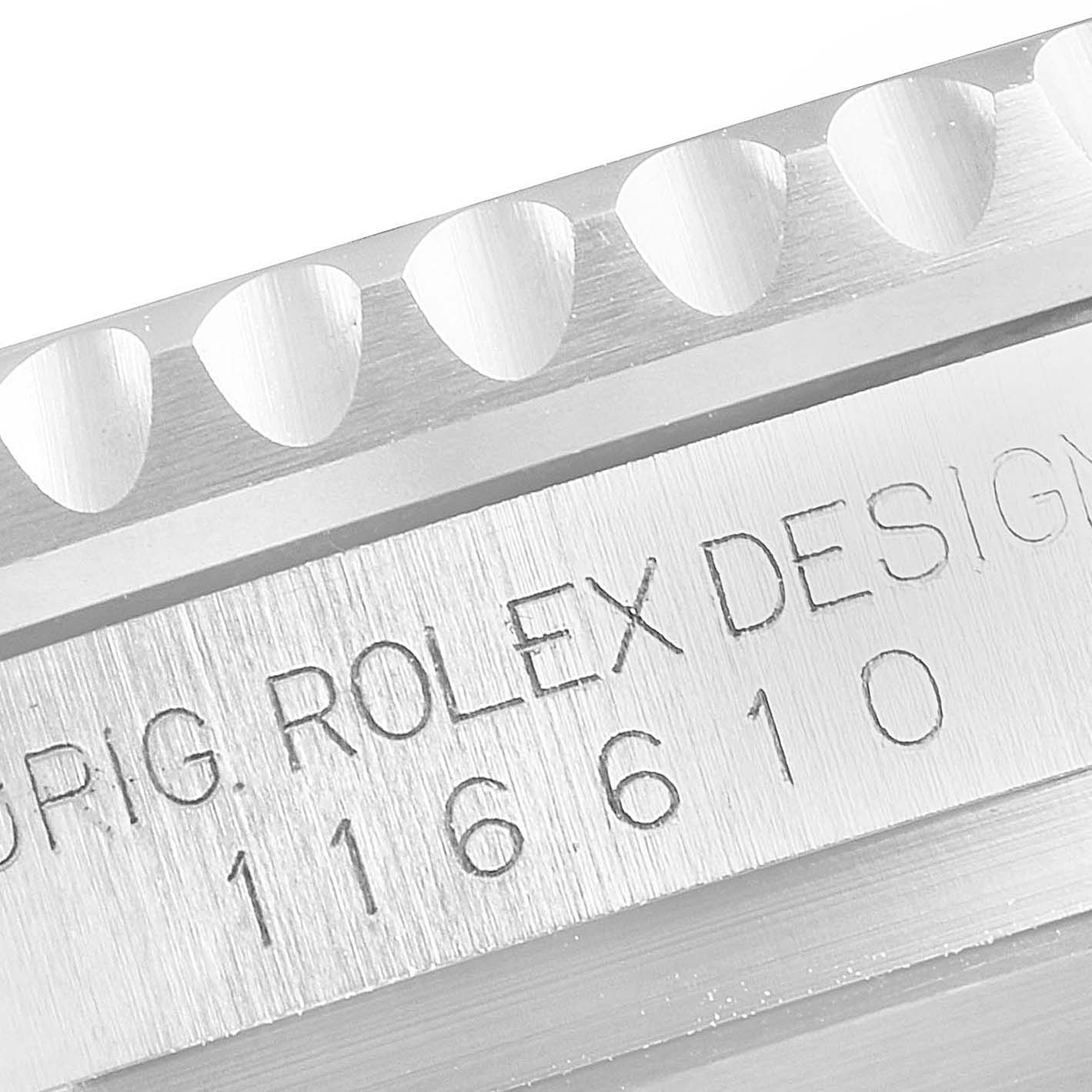 The image shows a close-up of the case side engraving on a Rolex Submariner 116610LV Men
s Stainless Steel Green Dial 116610LV Men
s Stainless Steel Green Dial, displaying the model number "116610."