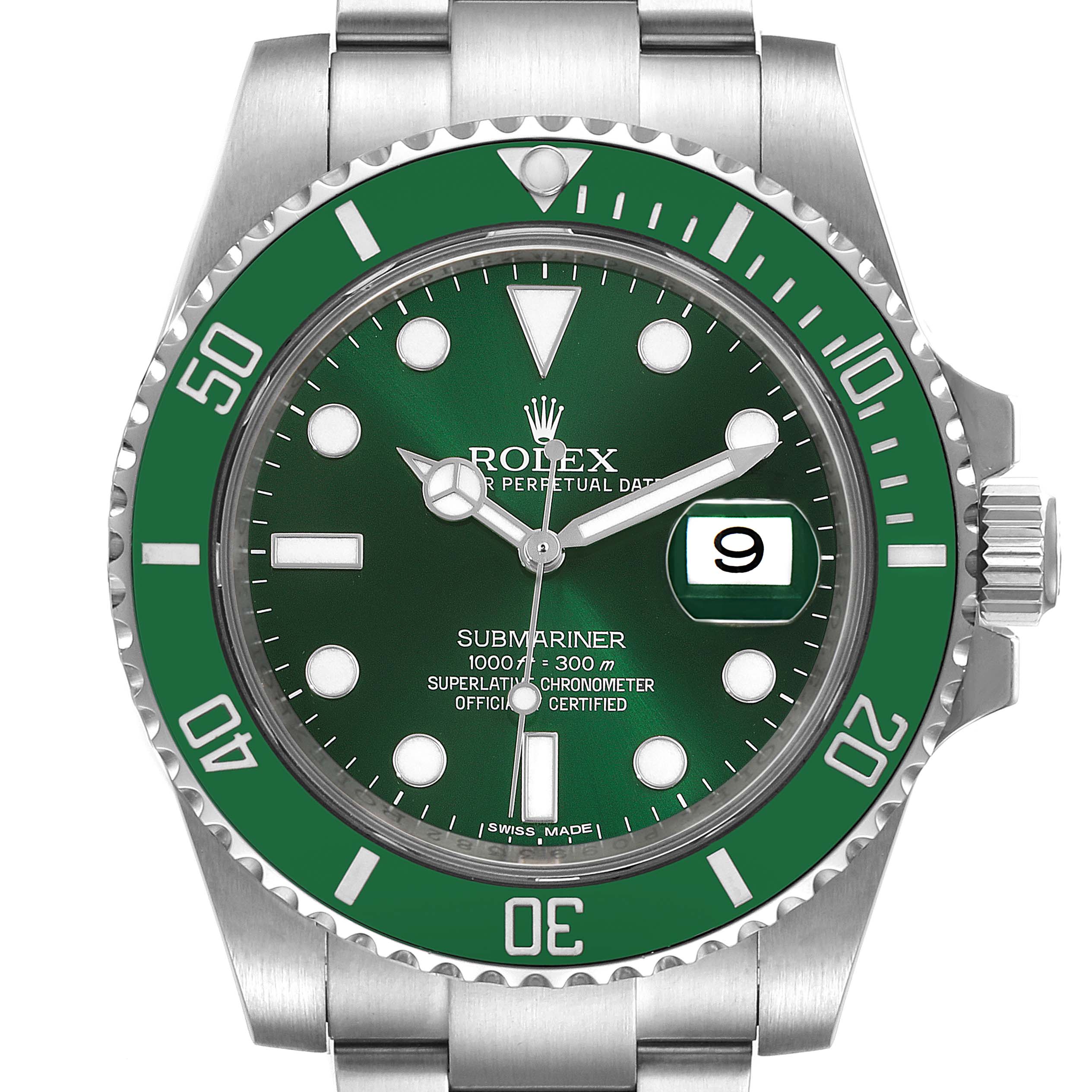 This image shows a front view of a Rolex Submariner 116610LV Men
s Stainless Steel Green Dial 116610LV Men
s Stainless Steel Green Dial watch, highlighting the green dial and bezel, date window, and bracelet.