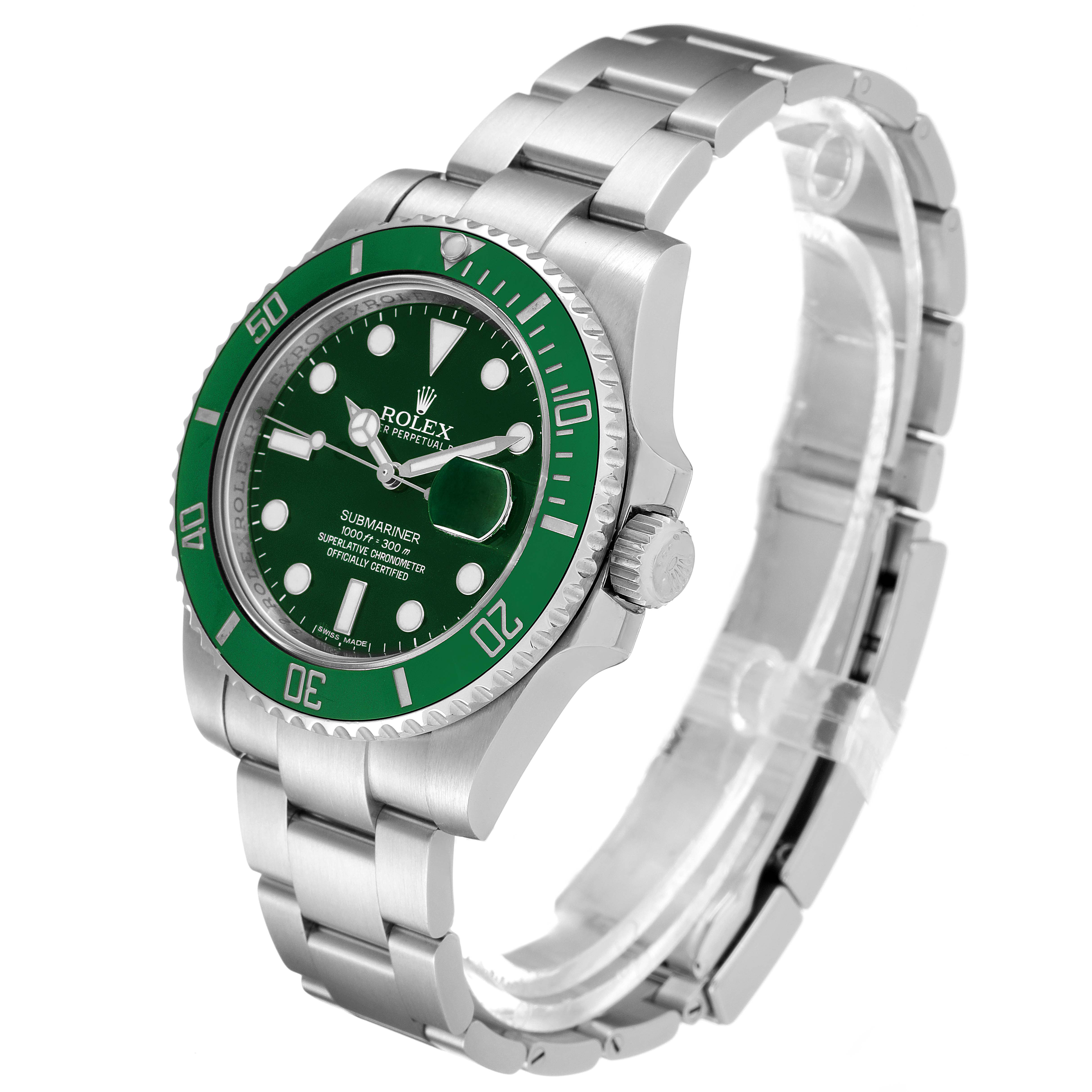 The image shows a Rolex Submariner 116610LV Men
s Stainless Steel Green Dial 116610LV Men
s Stainless Steel Green Dial watch at a 3/4 angle, highlighting the face, bezel, and bracelet.