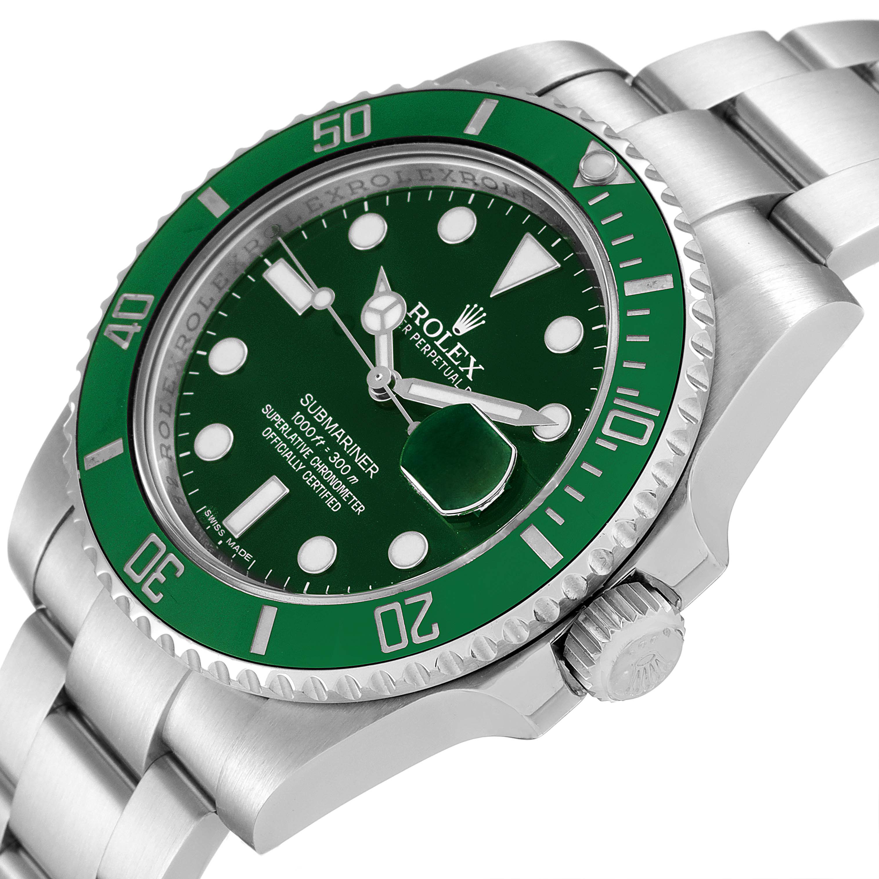 This image shows a Rolex Submariner 116610LV Men
s Stainless Steel Green Dial 116610LV Men
s Stainless Steel Green Dial watch at an angled close-up, highlighting the bezel, dial, crown, and bracelet.